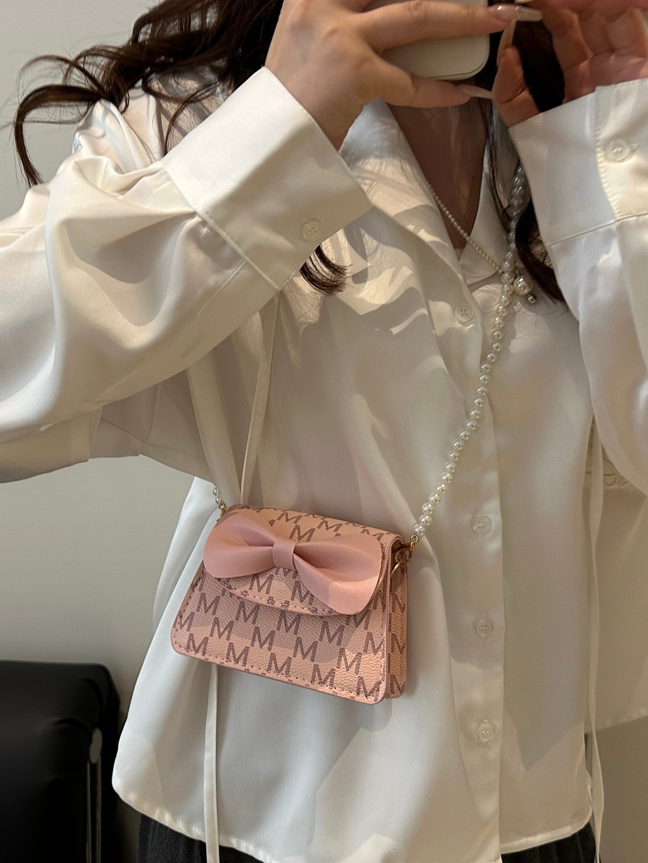 Pink Mini Crossbody Bag with Pearl Strap