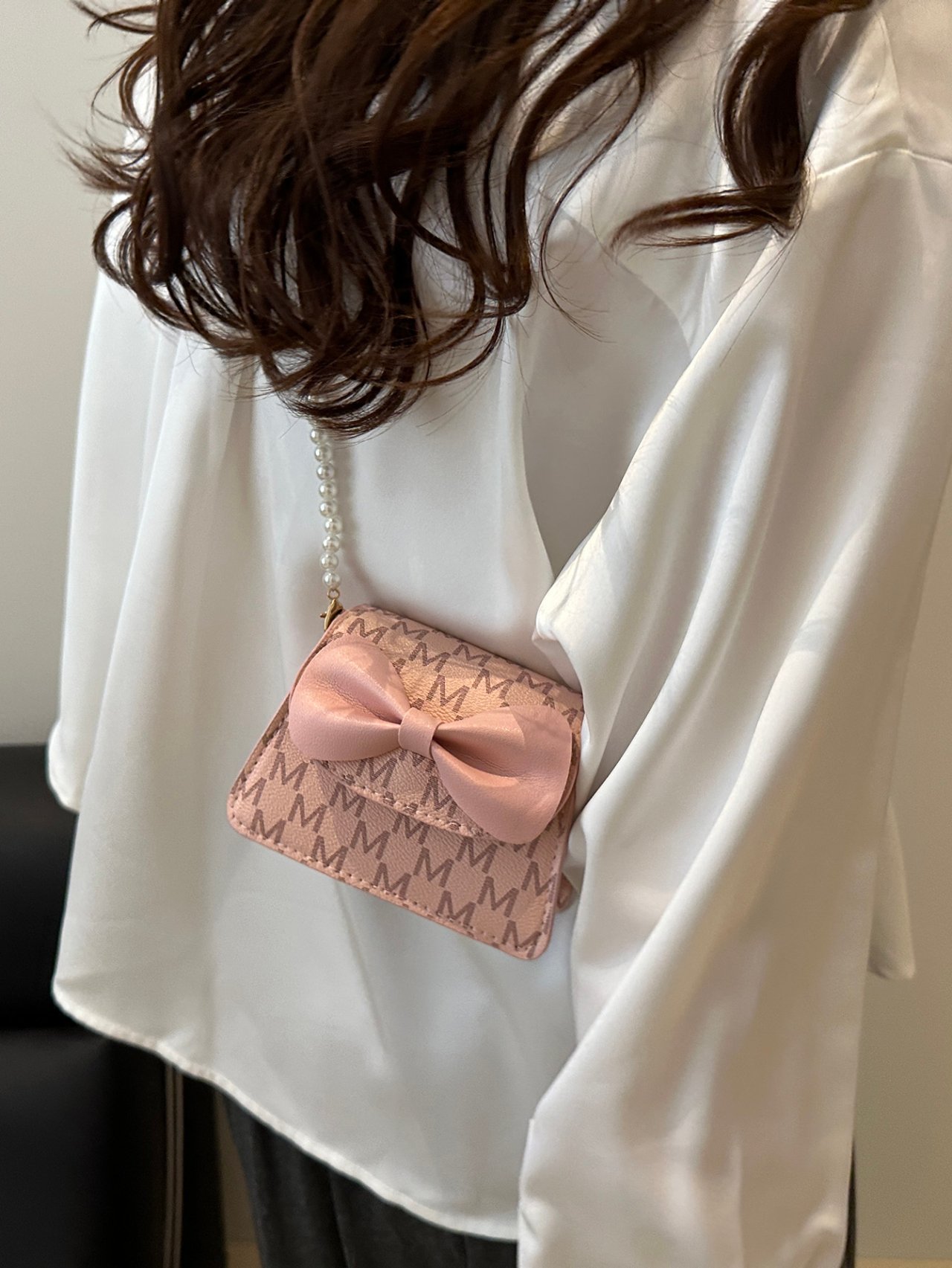 Pink Mini Crossbody Bag with Pearl Strap