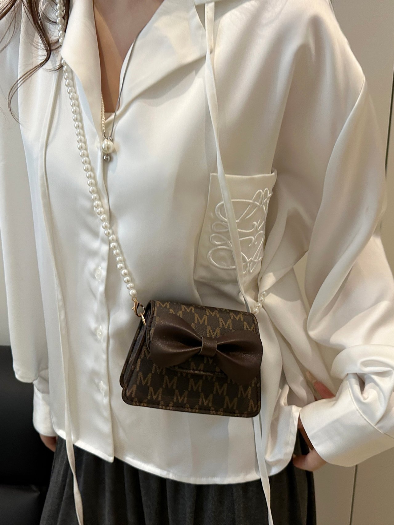 Brown Monogram Mini Crossbody Bag with Pearl Strap