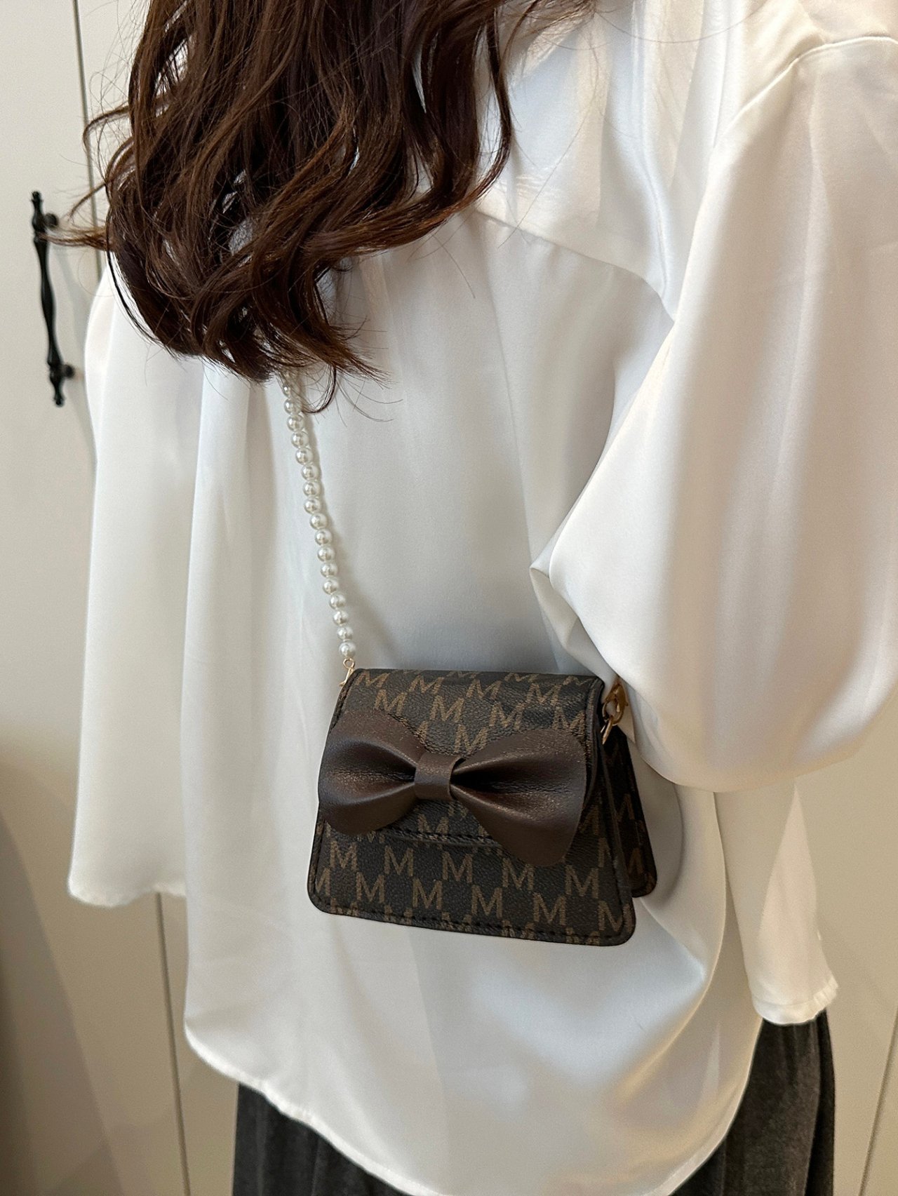 Brown Monogram Mini Crossbody Bag with Pearl Strap