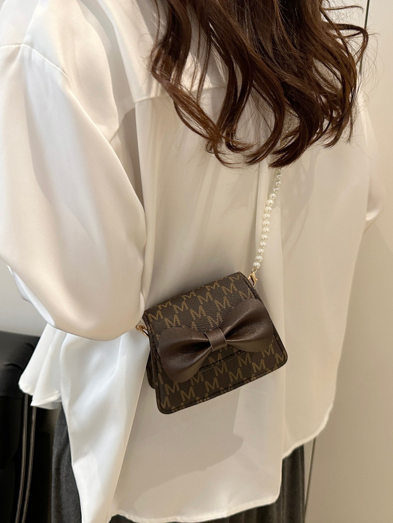 Brown Monogram Mini Crossbody Bag with Pearl Strap
