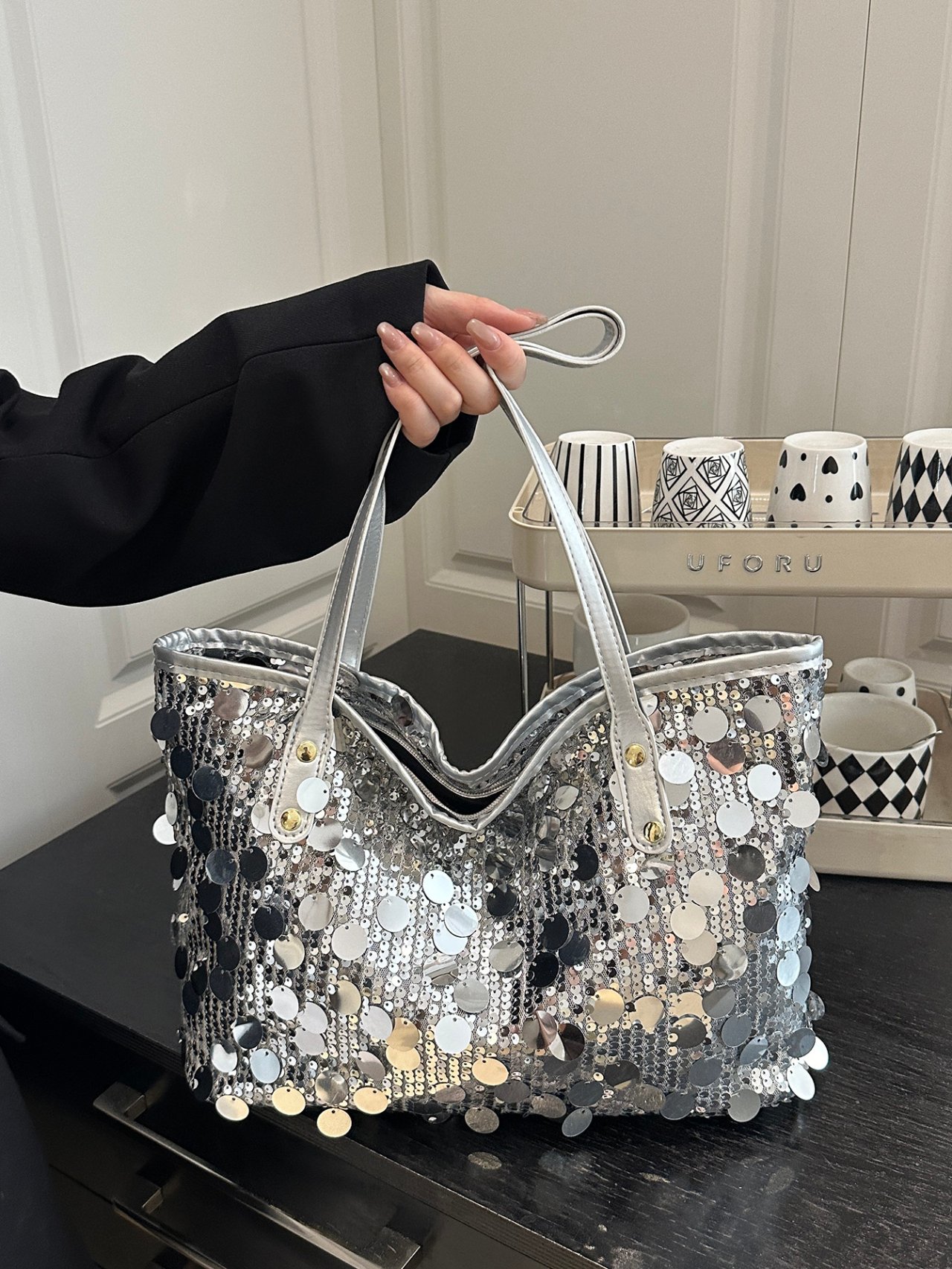 Shimmering Silver Sequin Shoulder Tote Bag