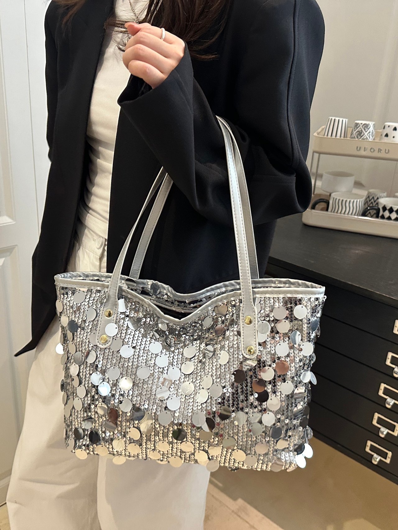 Shimmering Silver Sequin Shoulder Tote Bag