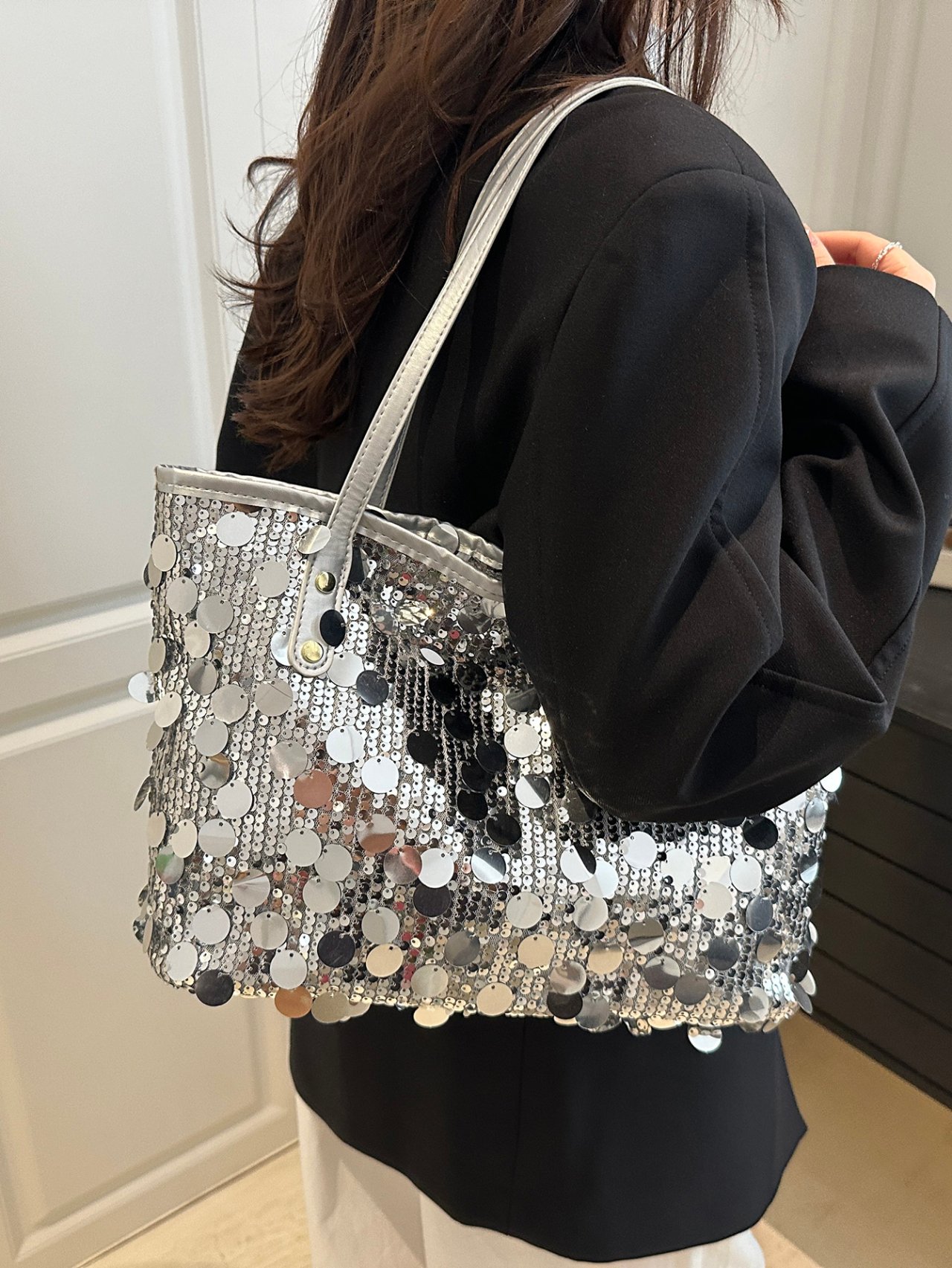 Shimmering Silver Sequin Shoulder Tote Bag