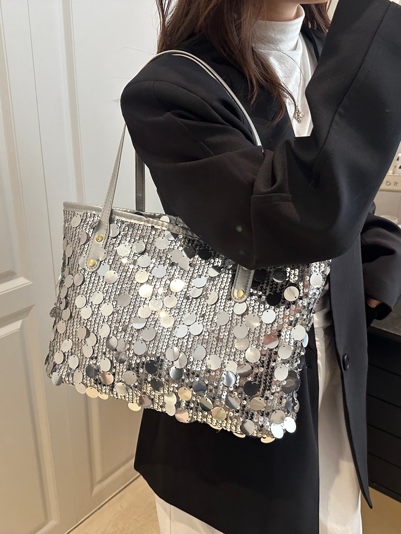 Shimmering Silver Sequin Shoulder Tote Bag