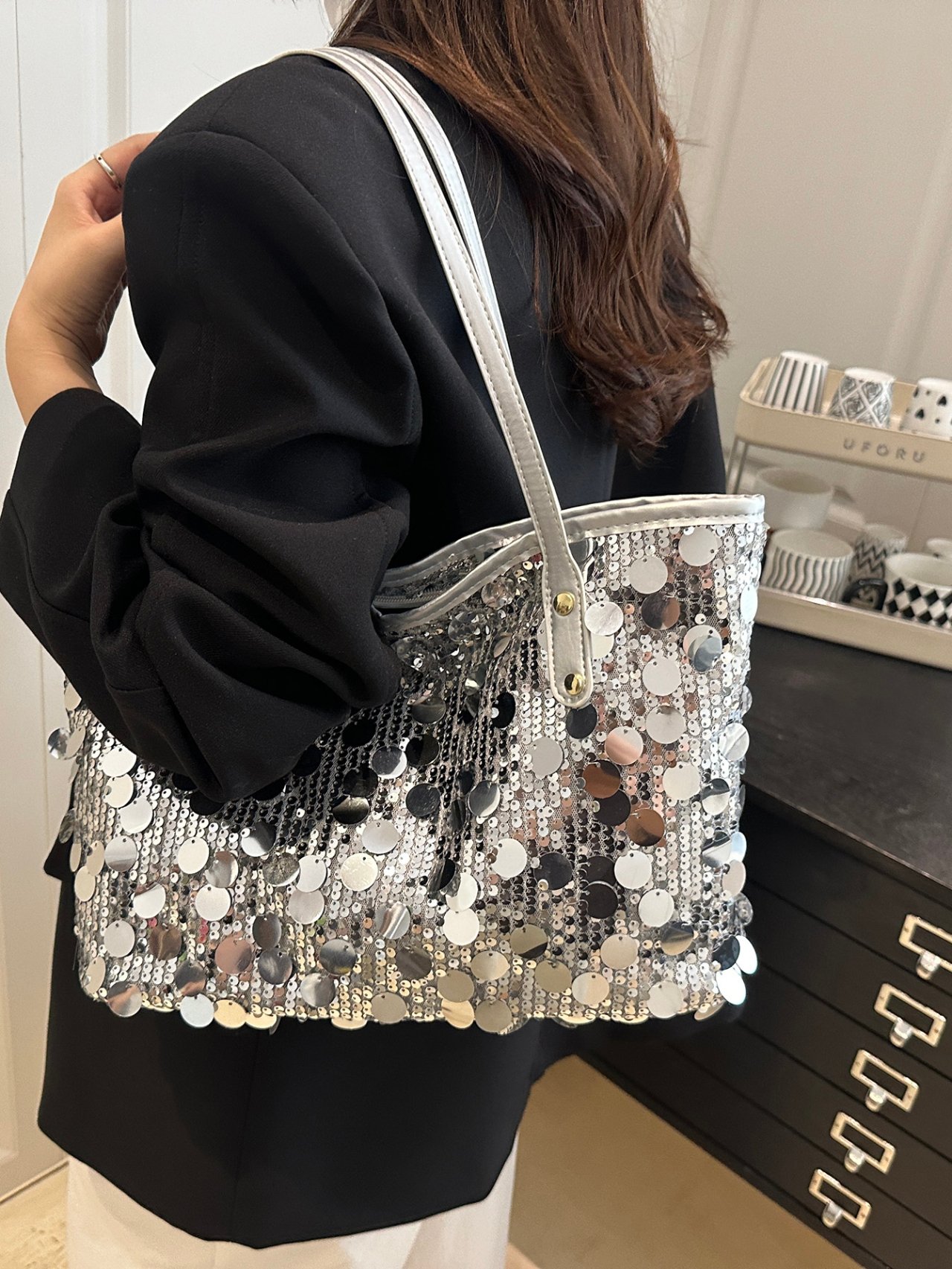 Shimmering Silver Sequin Shoulder Tote Bag
