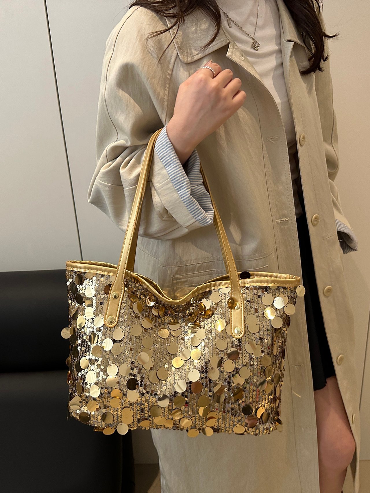 Silver Sequin Shoulder Tote Bag