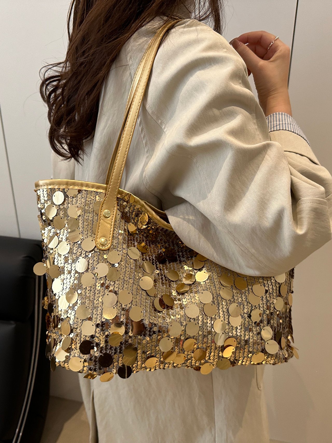 Silver Sequin Shoulder Tote Bag
