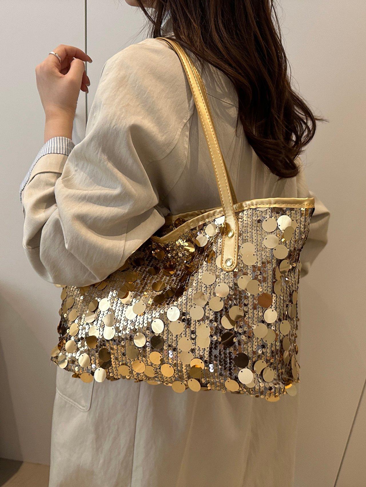 Silver Sequin Shoulder Tote Bag