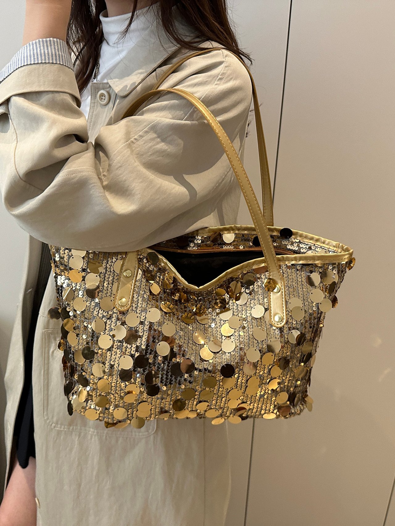 Silver Sequin Shoulder Tote Bag
