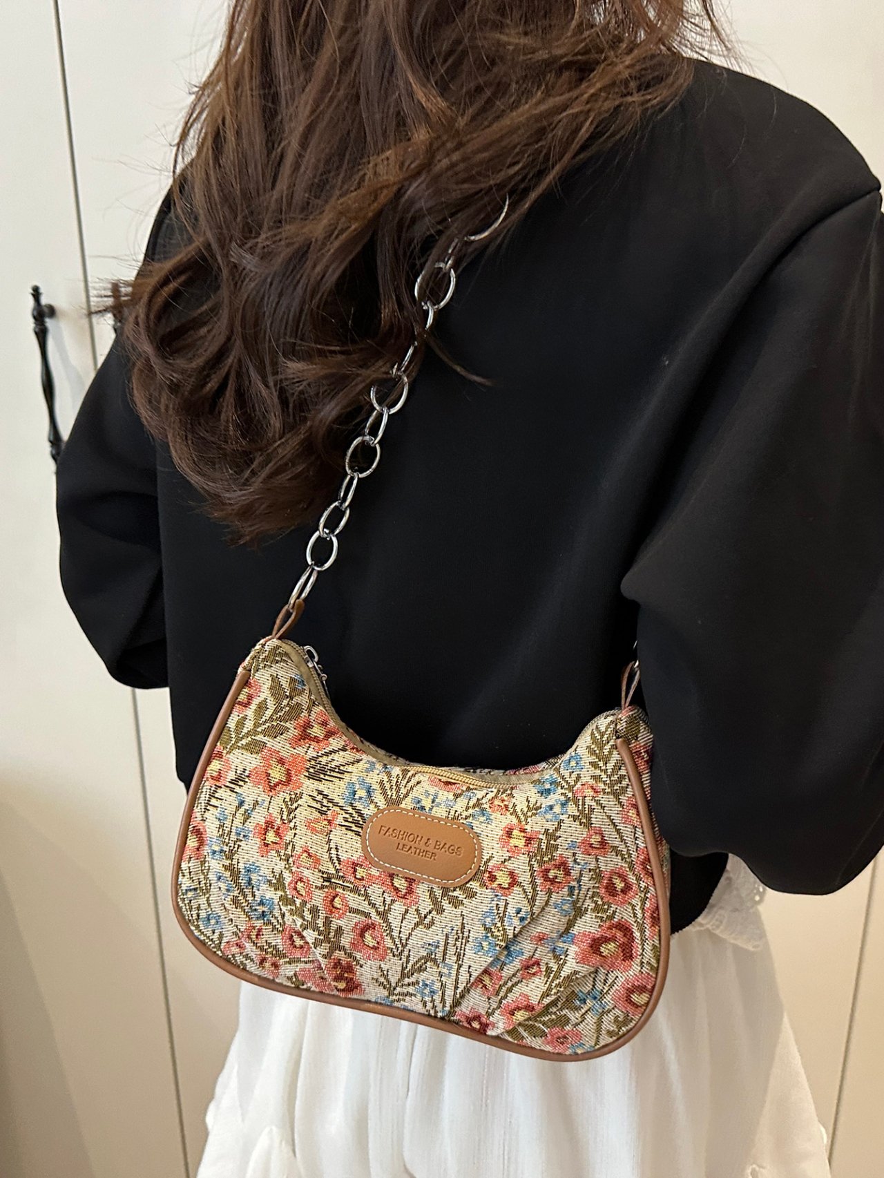 Floral Tapestry Baguette Crossbody Bag
