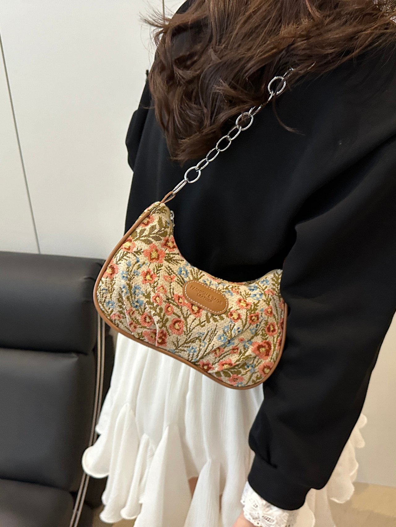 Floral Tapestry Baguette Crossbody Bag