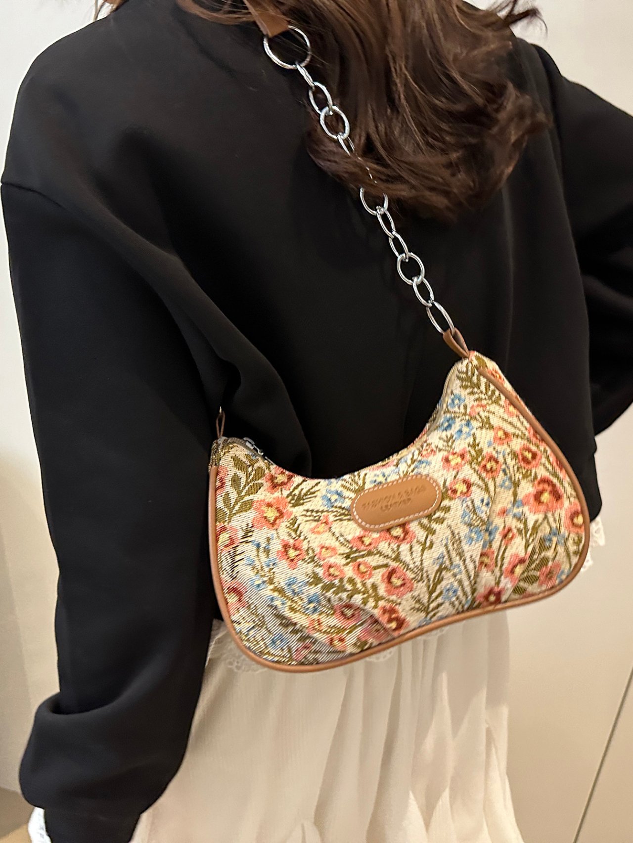 Floral Tapestry Baguette Crossbody Bag