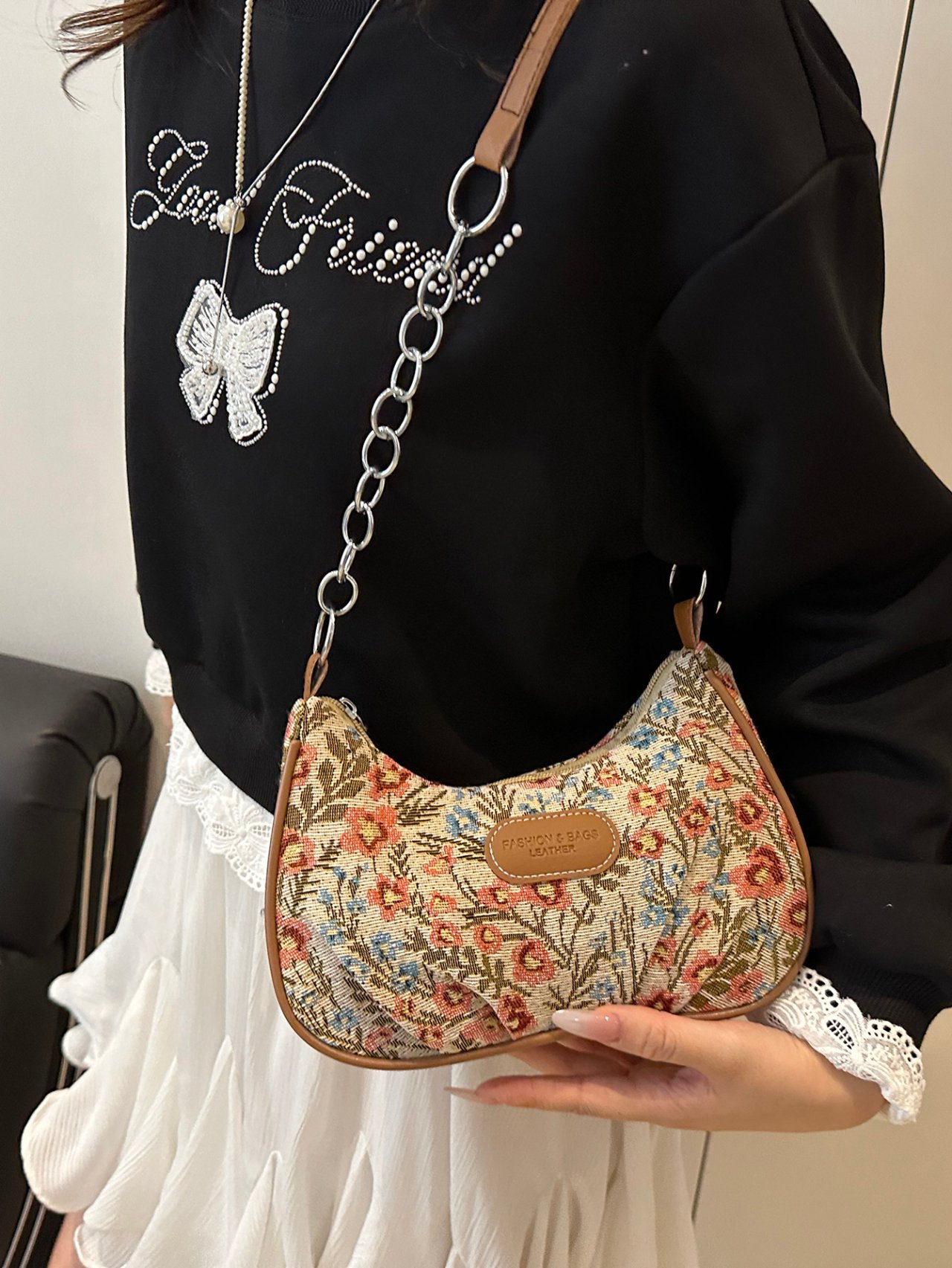 Floral Tapestry Baguette Crossbody Bag