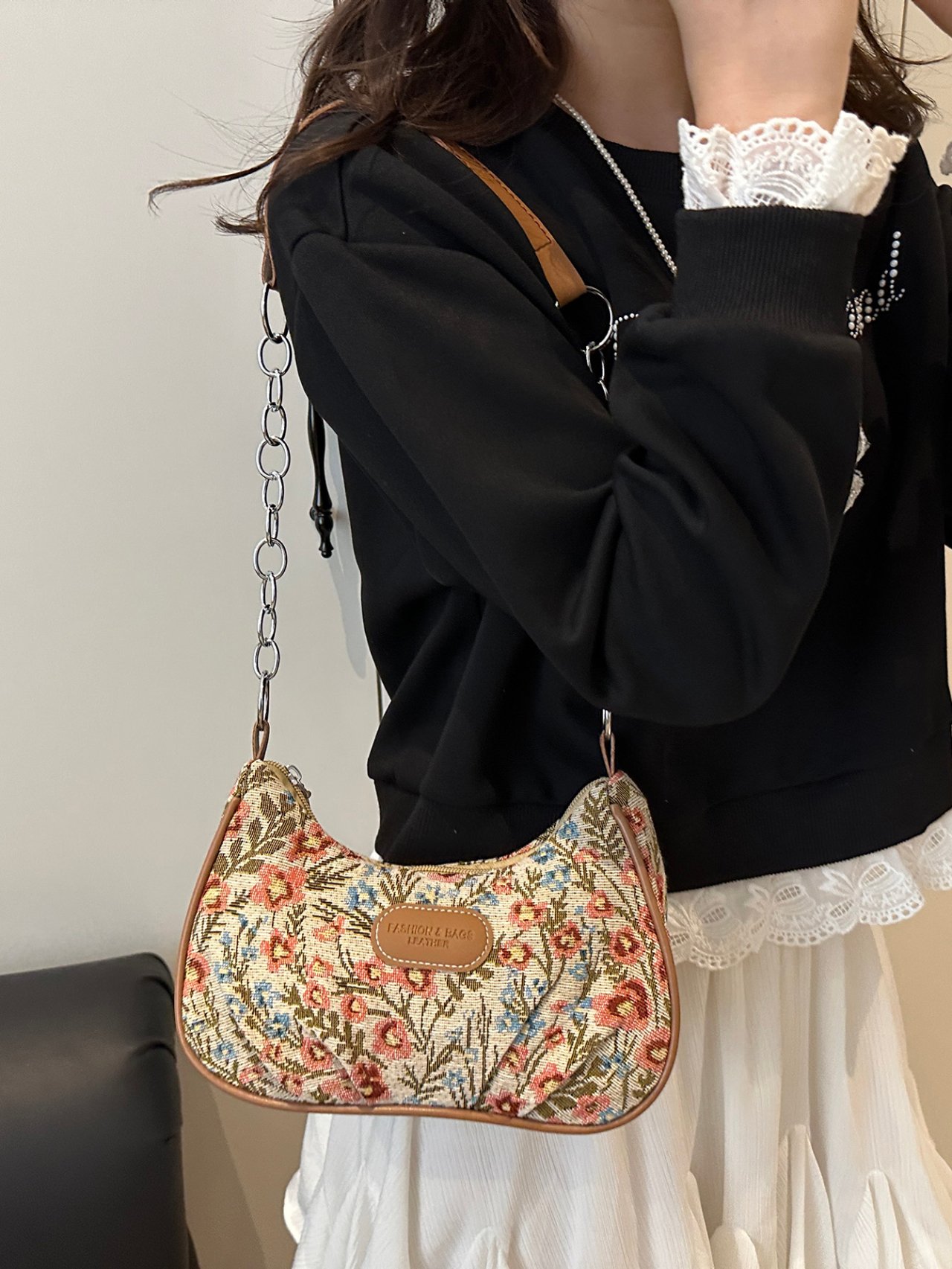 Floral Tapestry Baguette Crossbody Bag