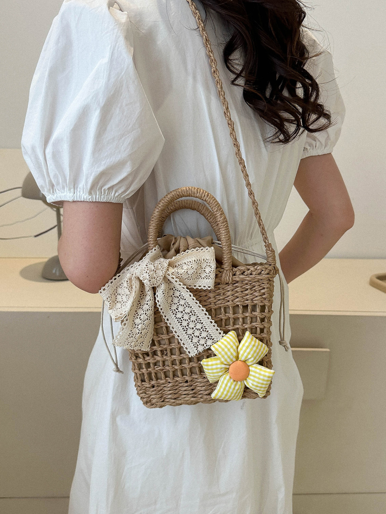 Khaki Woven Beach Crossbody Bag with Lace Bow and Floral Charm