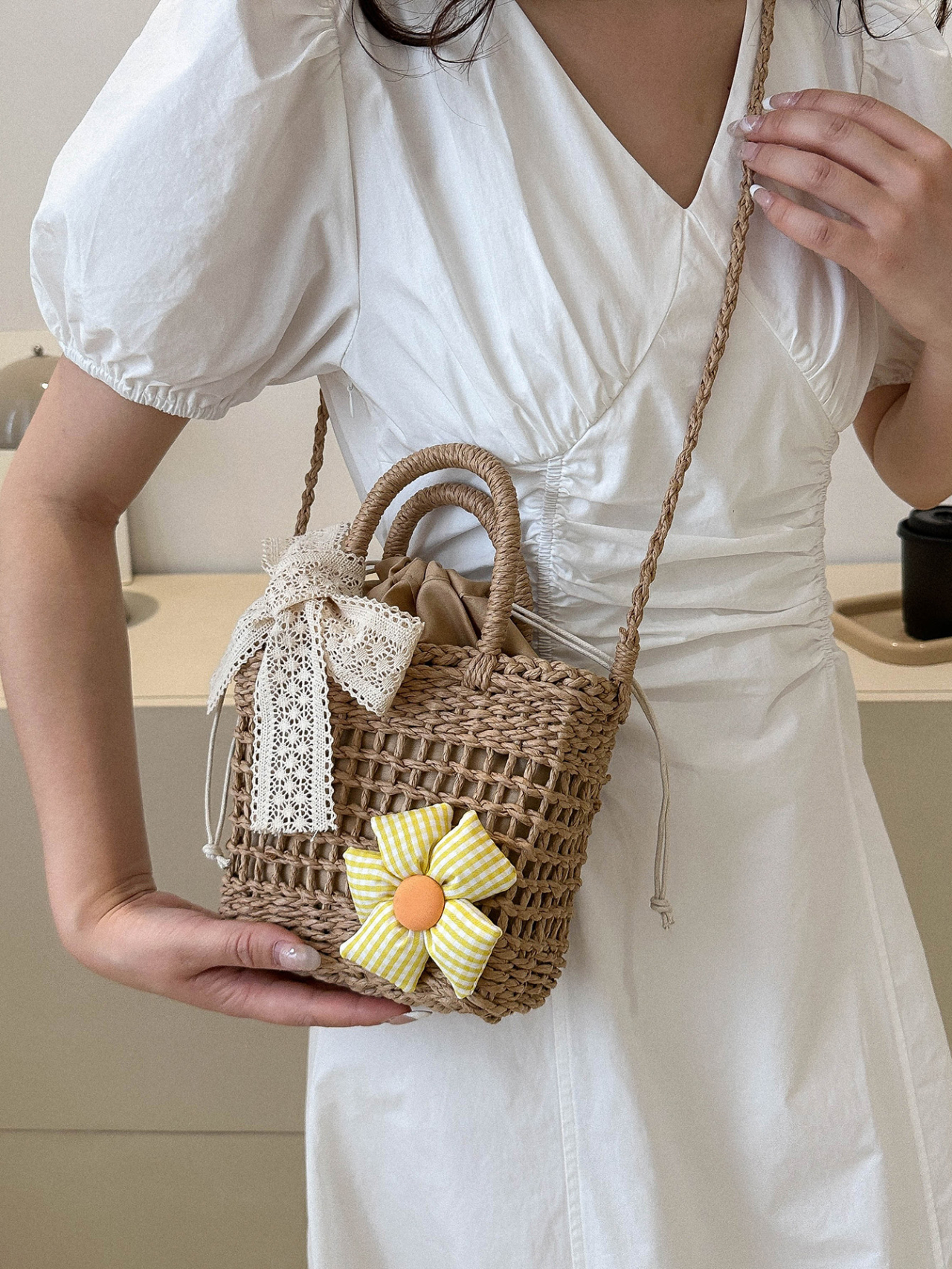 Khaki Woven Beach Crossbody Bag with Lace Bow and Floral Charm