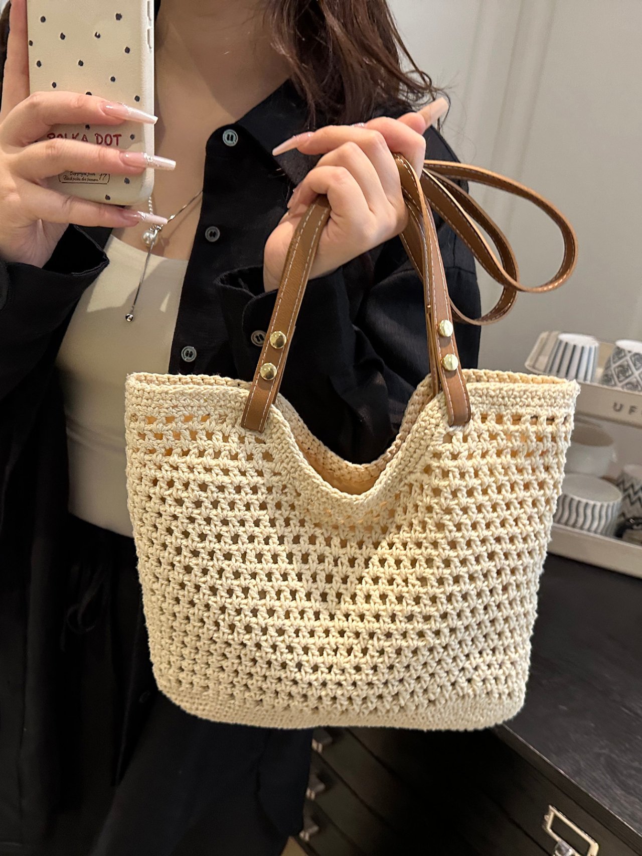 White Crochet Shoulder Bag with Faux Leather Straps