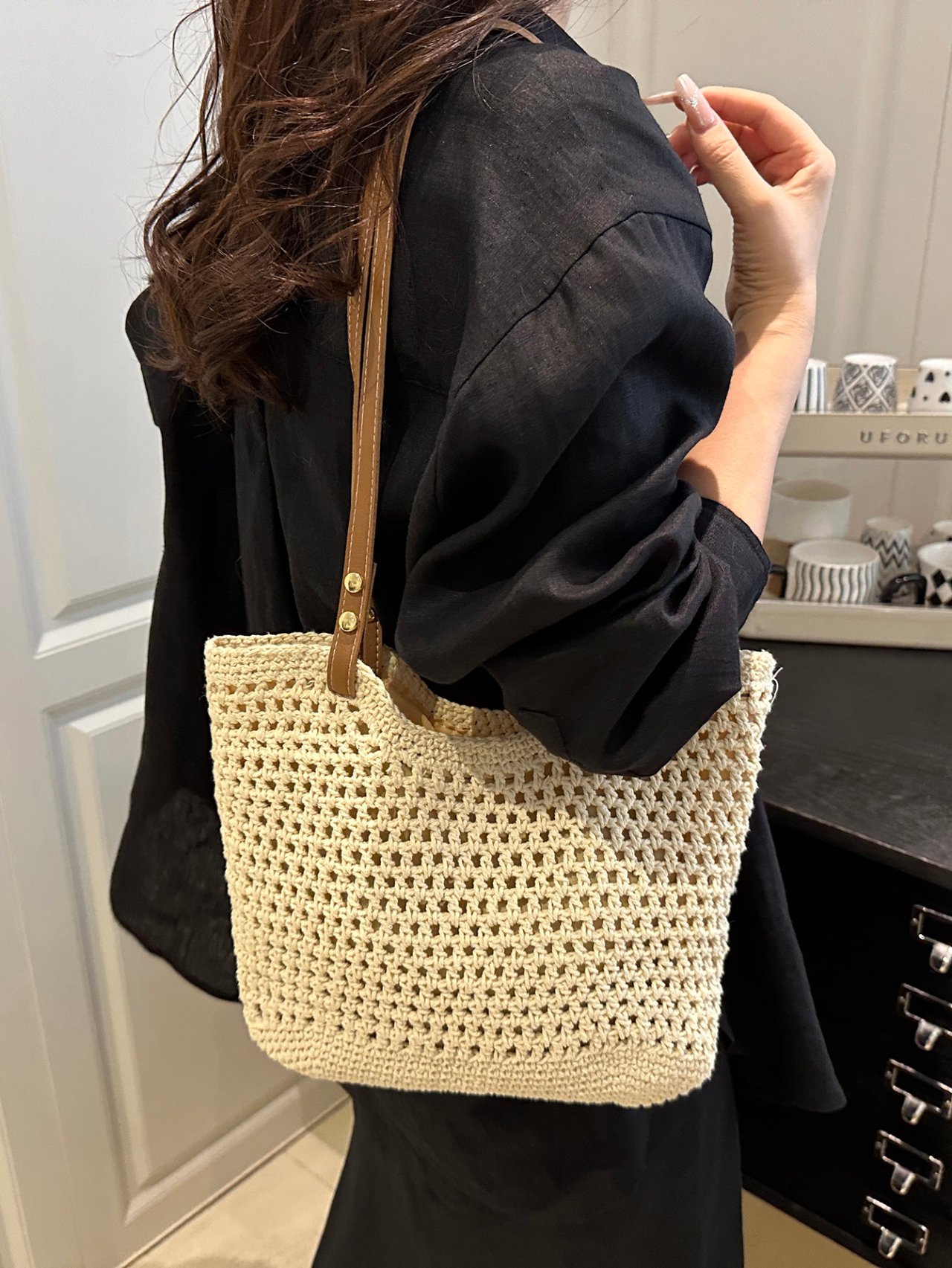 White Crochet Shoulder Bag with Faux Leather Straps