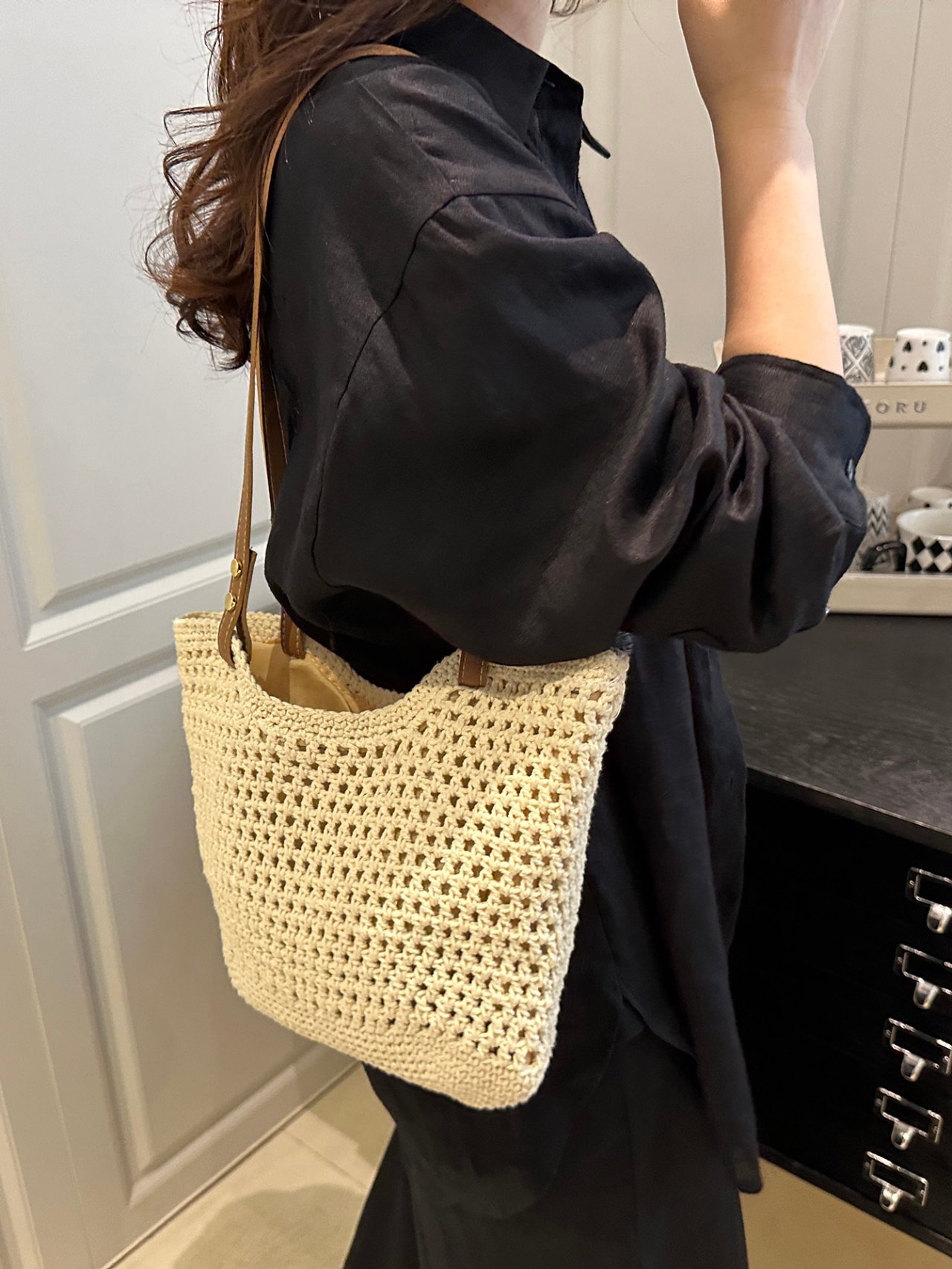 White Crochet Shoulder Bag with Faux Leather Straps