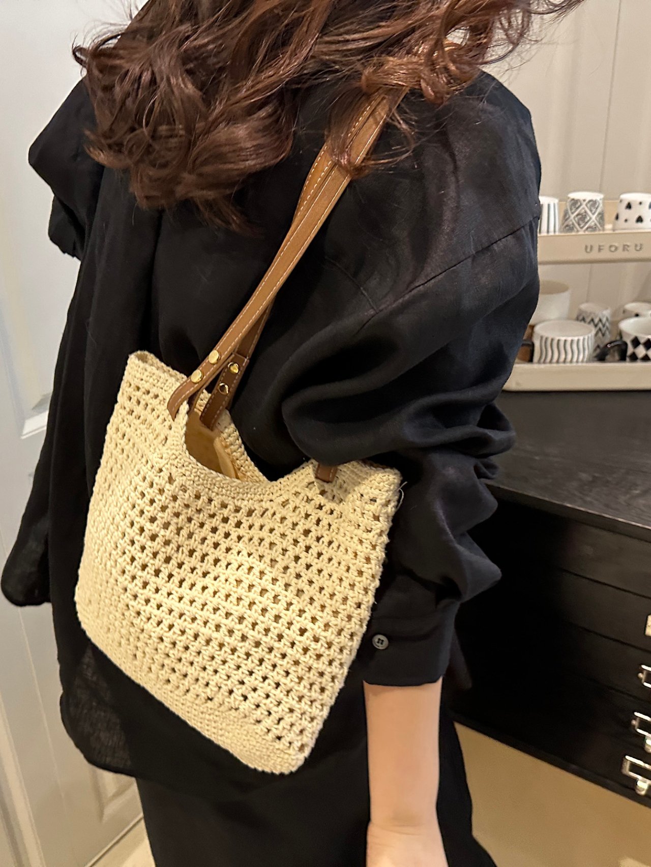White Crochet Shoulder Bag with Faux Leather Straps