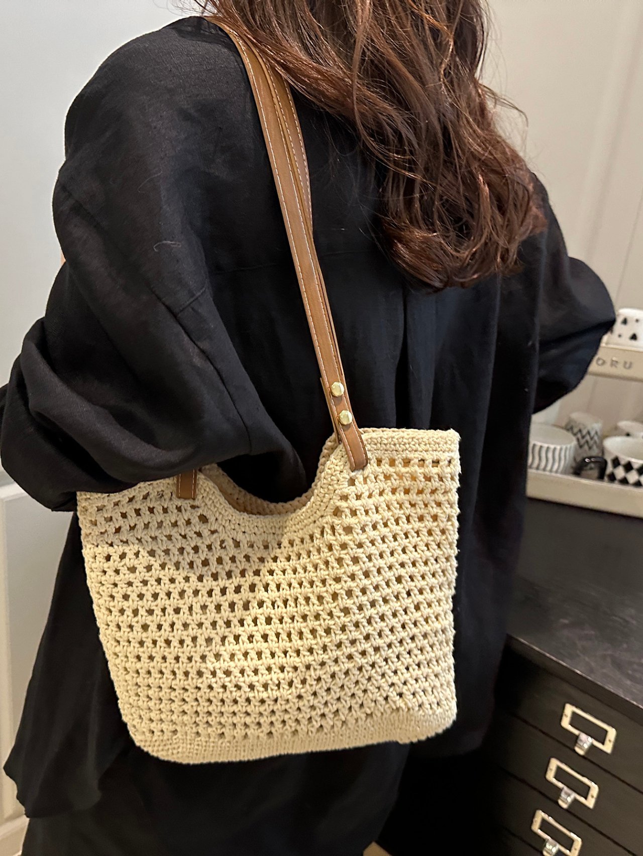White Crochet Shoulder Bag with Faux Leather Straps