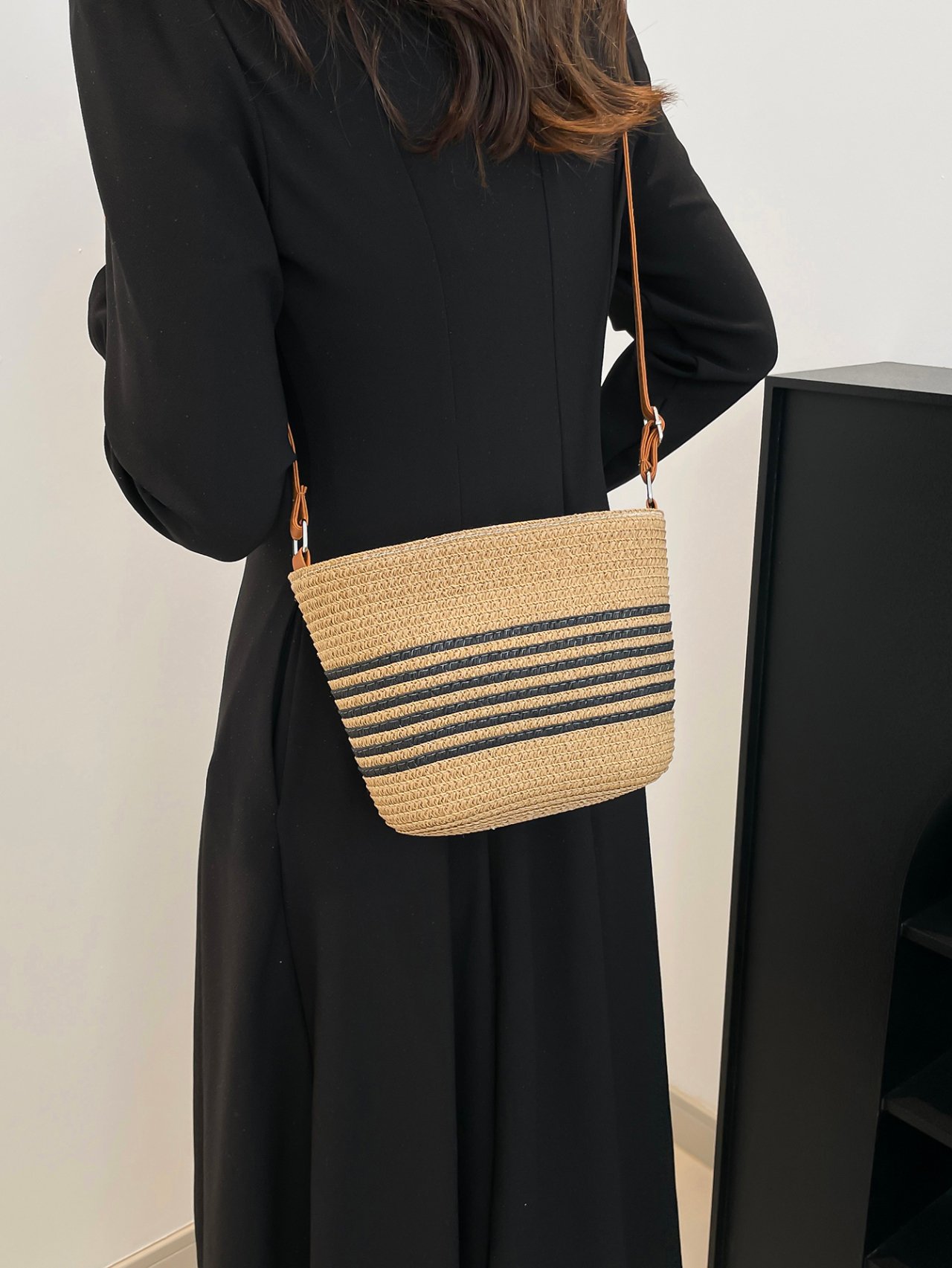 Black Straw Bucket Crossbody Bag