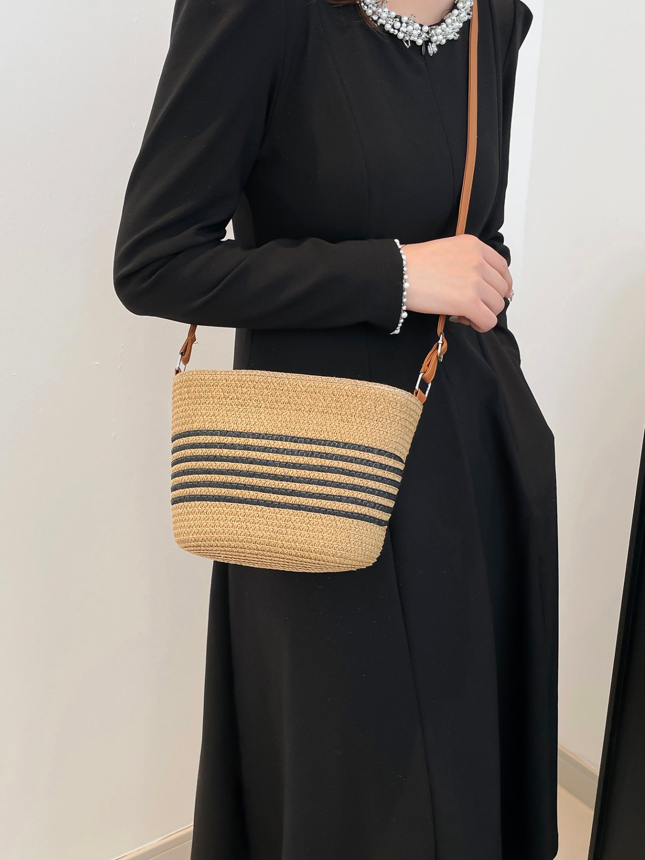 Black Straw Bucket Crossbody Bag