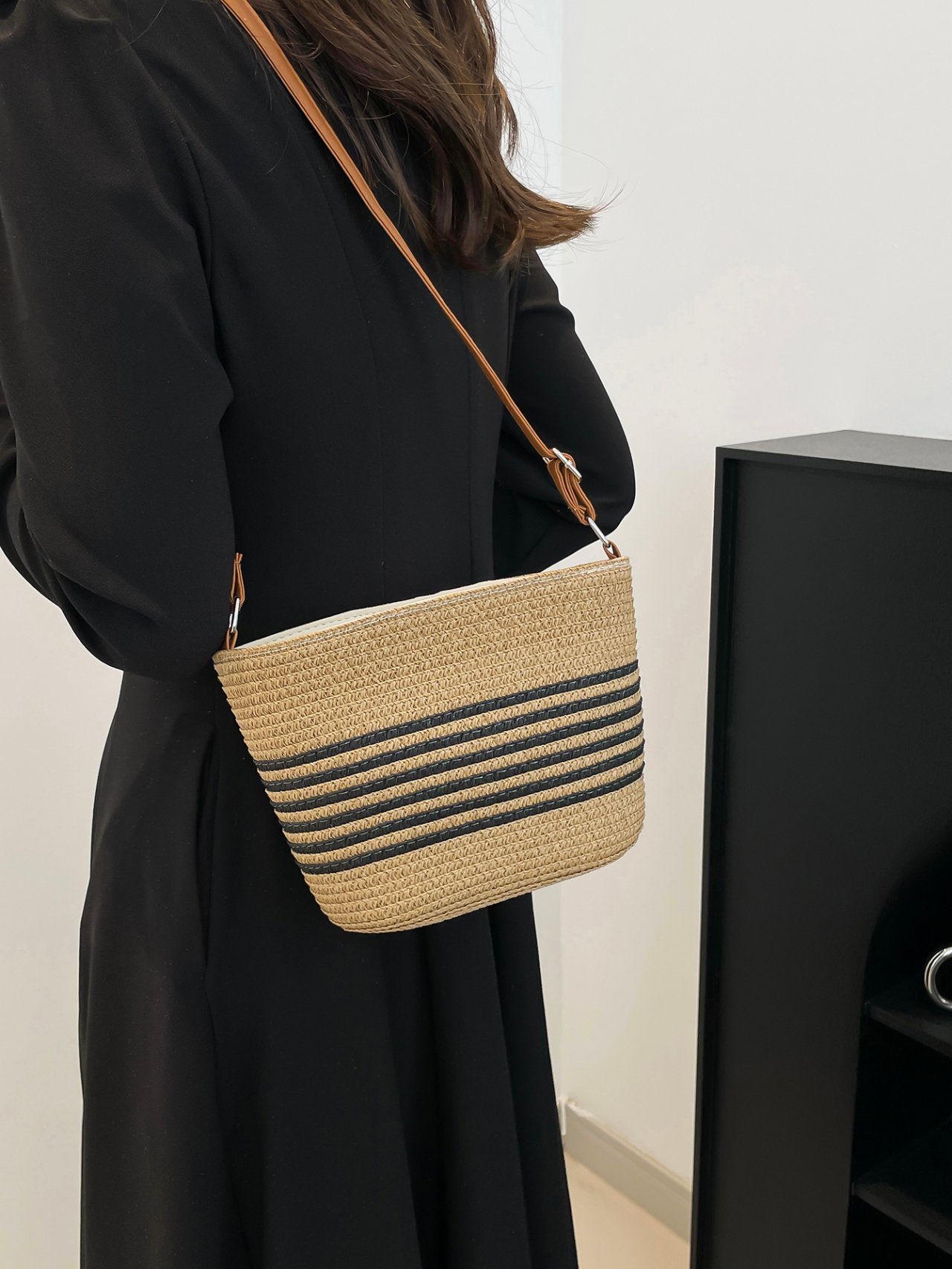 Black Straw Bucket Crossbody Bag