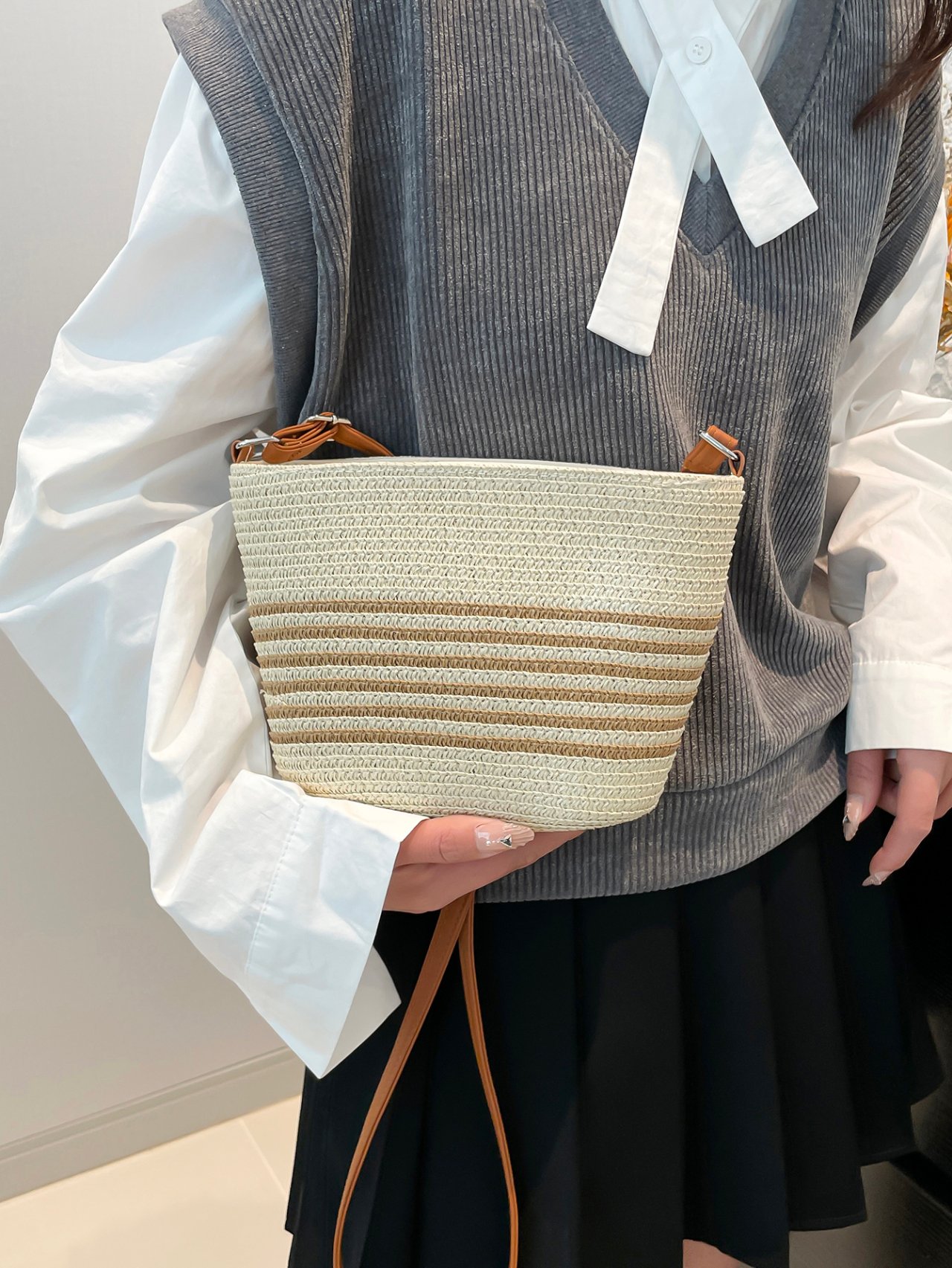 Beige Woven Bucket Crossbody Bag