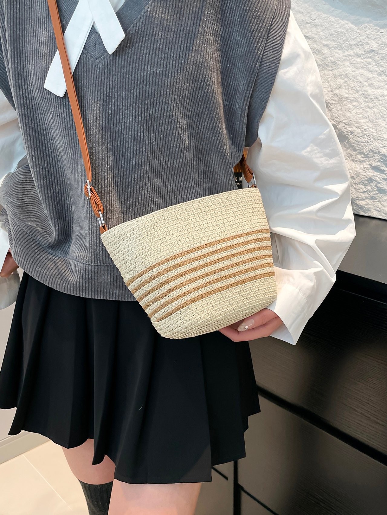 Beige Woven Bucket Crossbody Bag