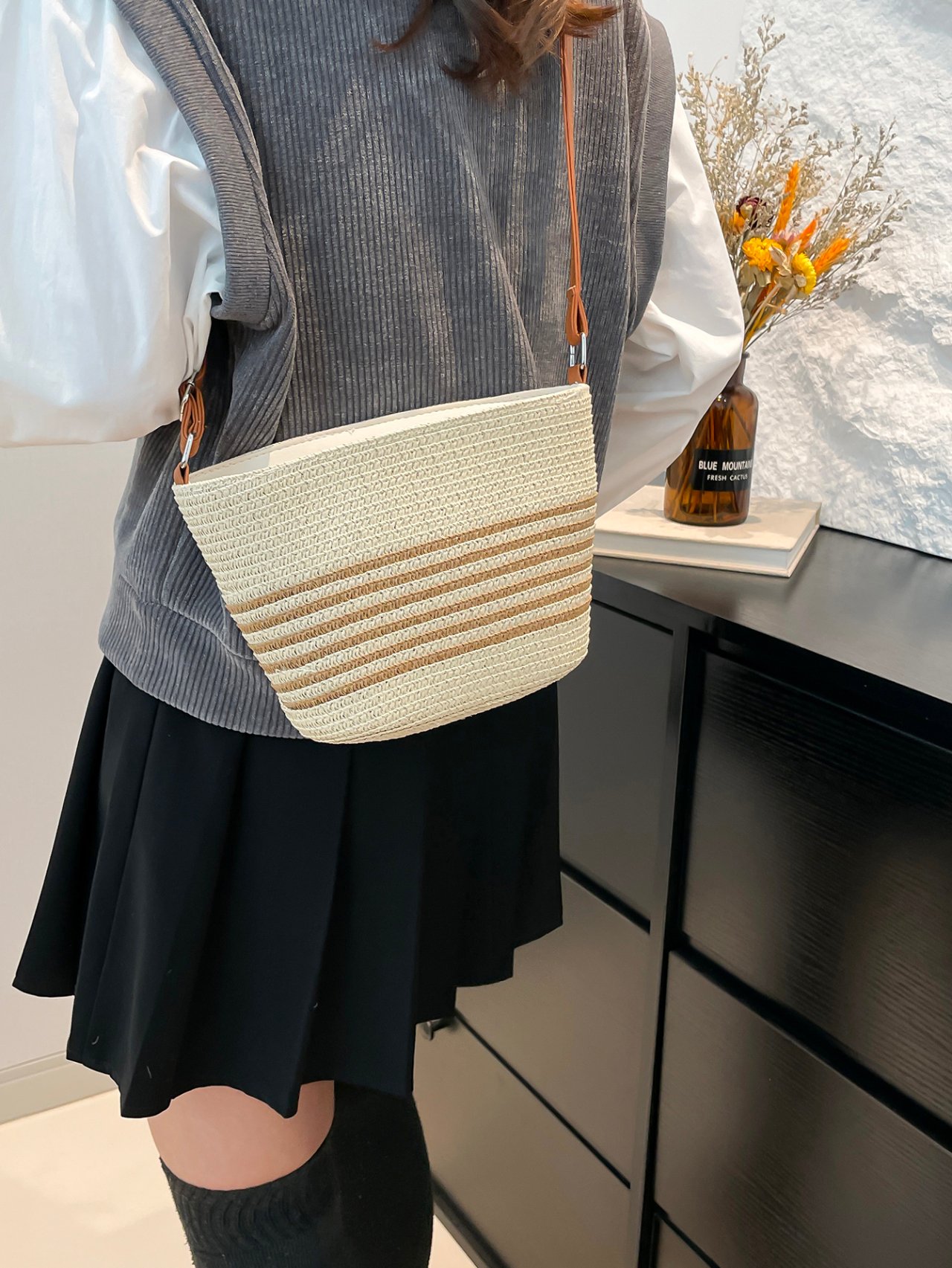 Beige Woven Bucket Crossbody Bag