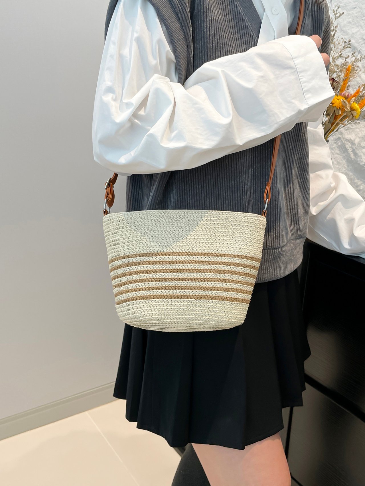 Beige Woven Bucket Crossbody Bag