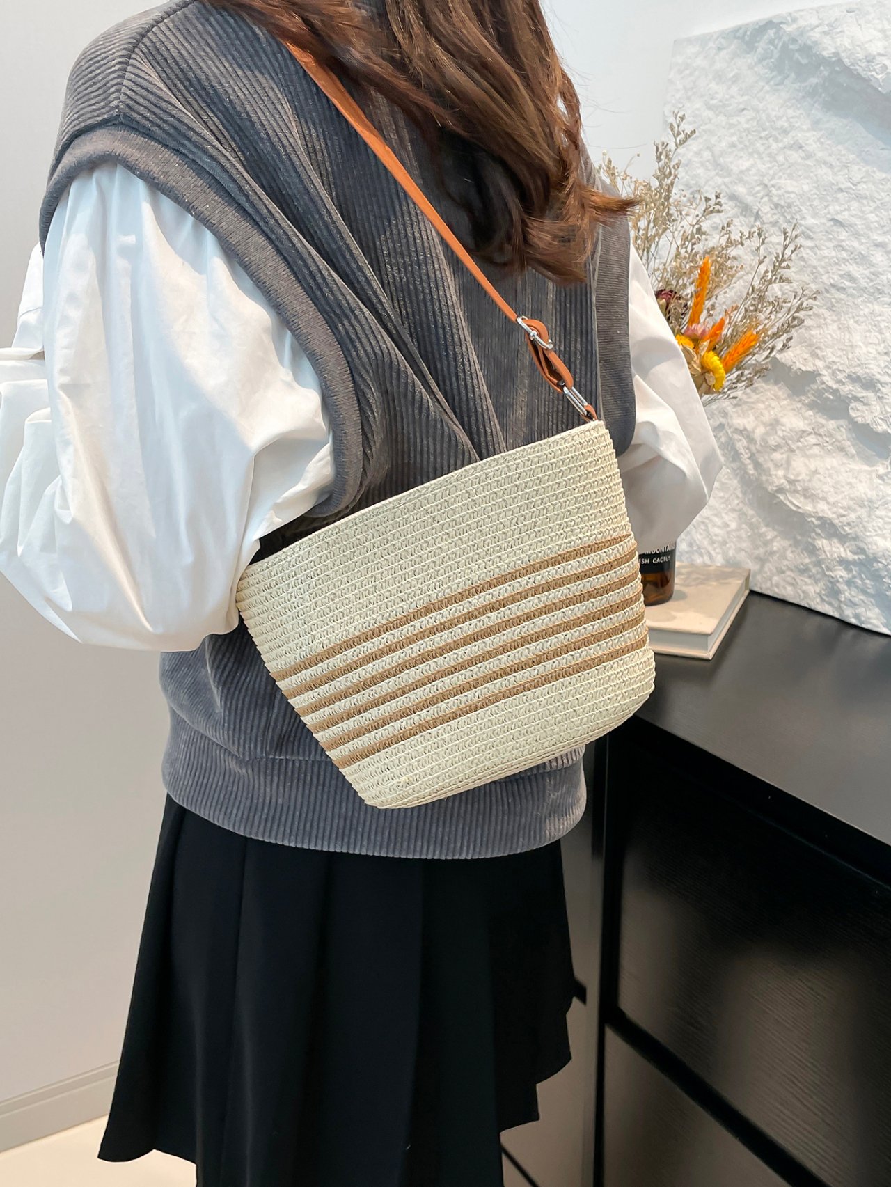 Beige Woven Bucket Crossbody Bag