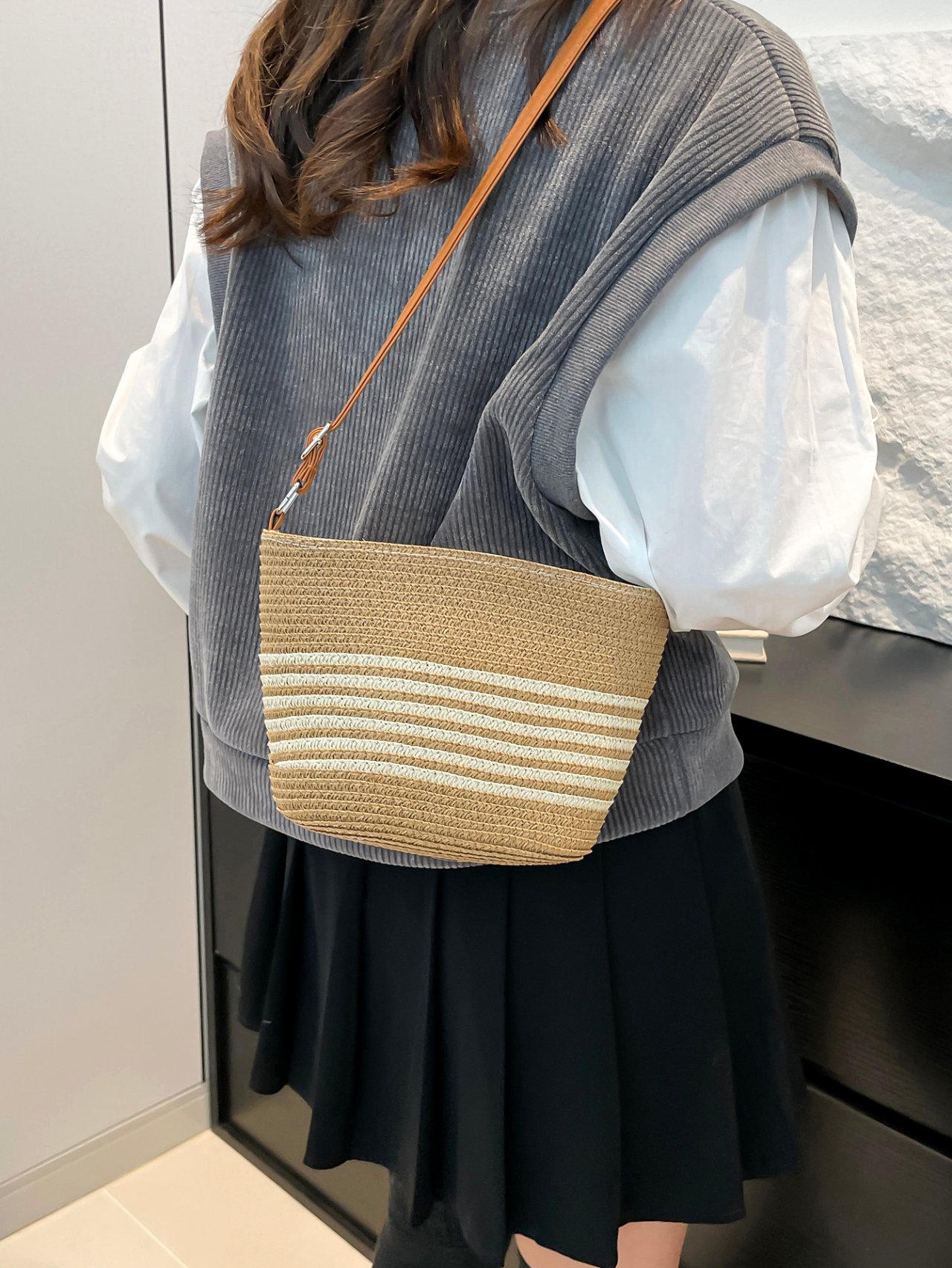Brown Woven Bucket Crossbody Bag