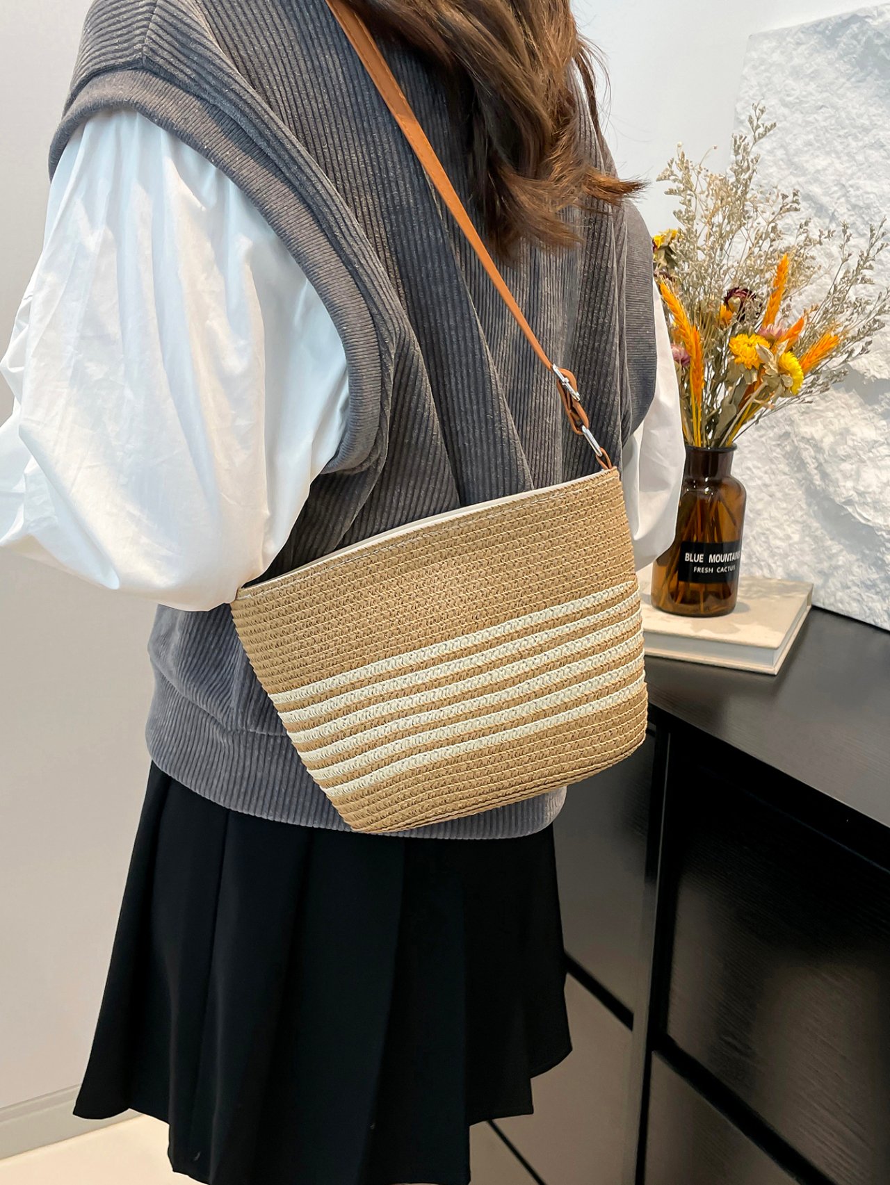 Brown Woven Bucket Crossbody Bag