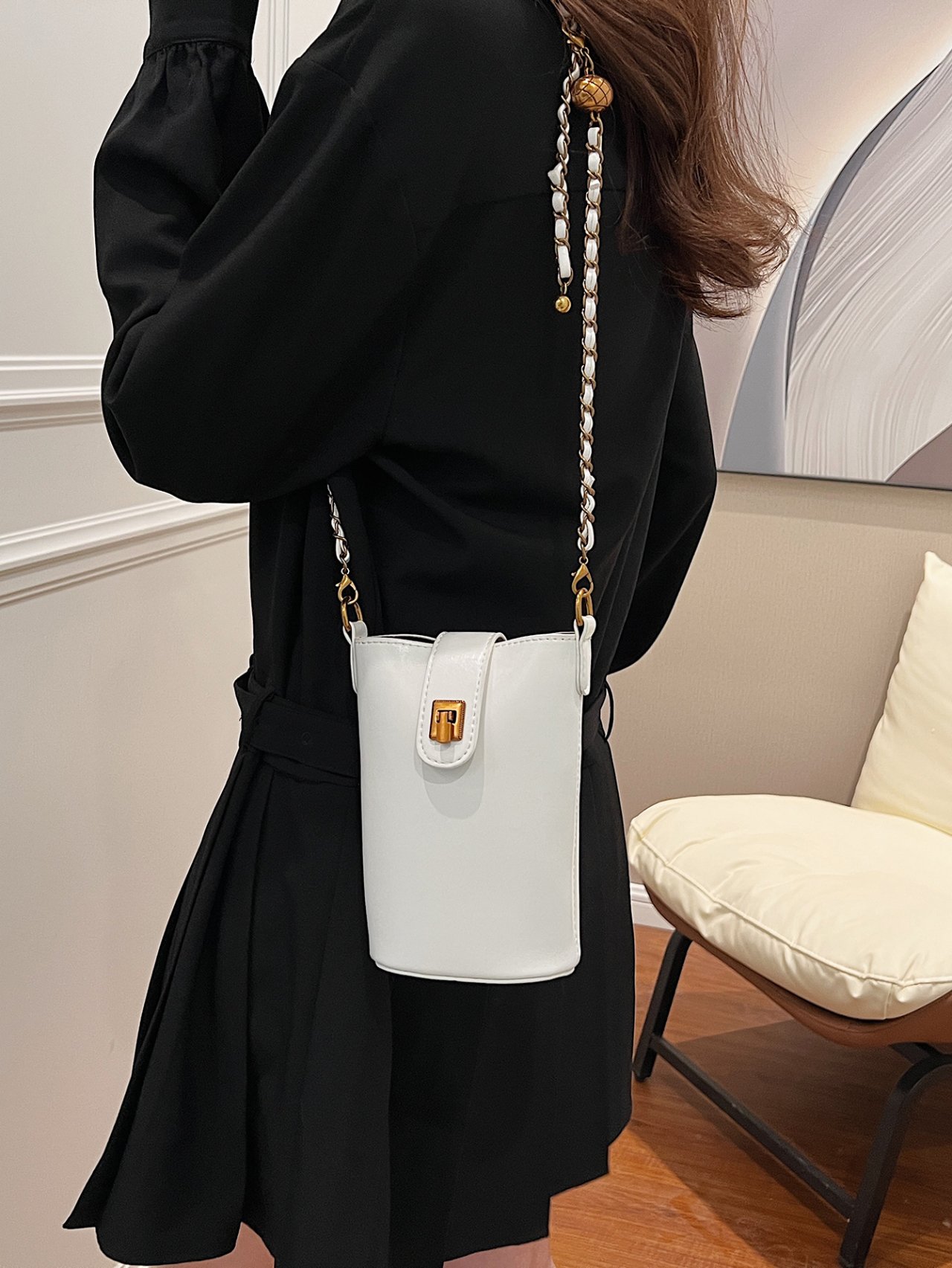 White Faux Leather Sling Bag with Chain Strap