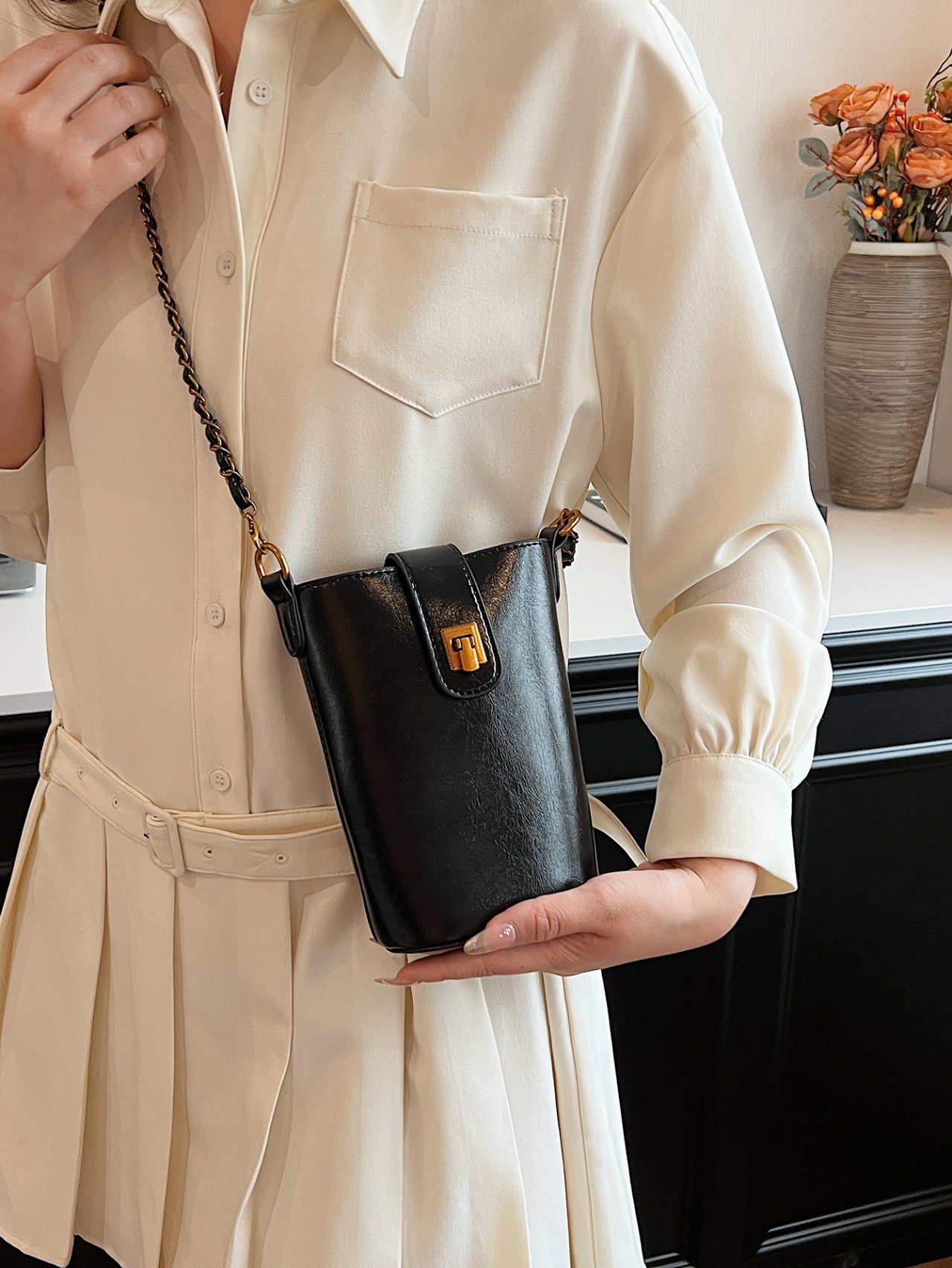 Black Sling Bag with Chain Strap