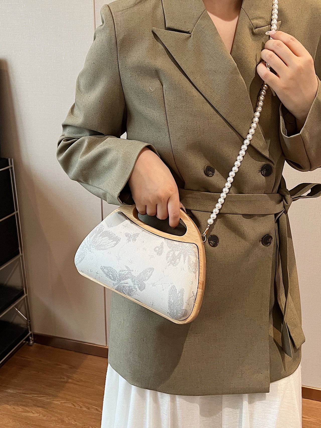 Off-White Butterfly Clutch with Pearl Strap