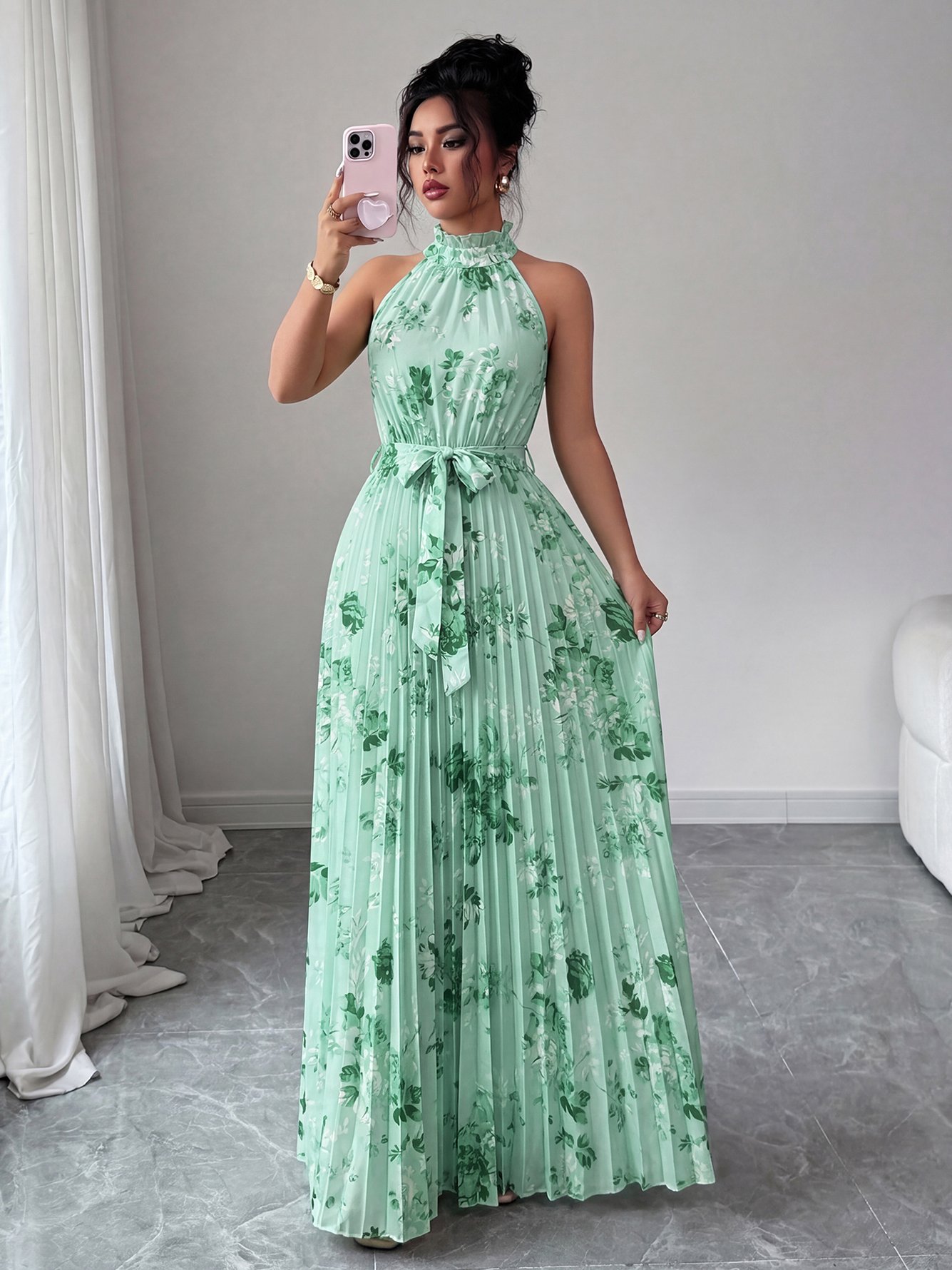 Green Floral Halter Neck Pleated Maxi Dress