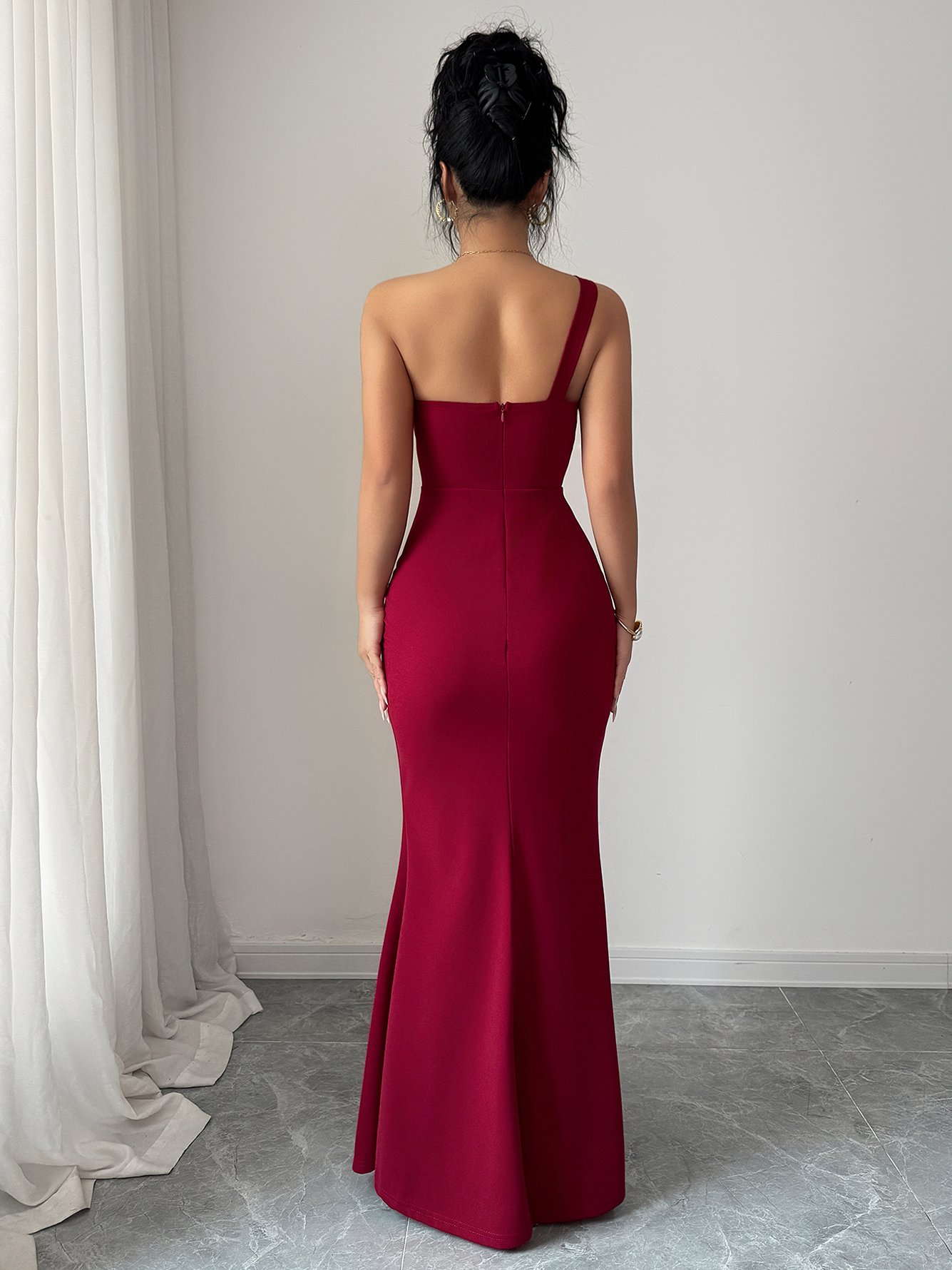 Burgundy Sleeveless Mermaid Maxi Dress with Rhinestone Detail