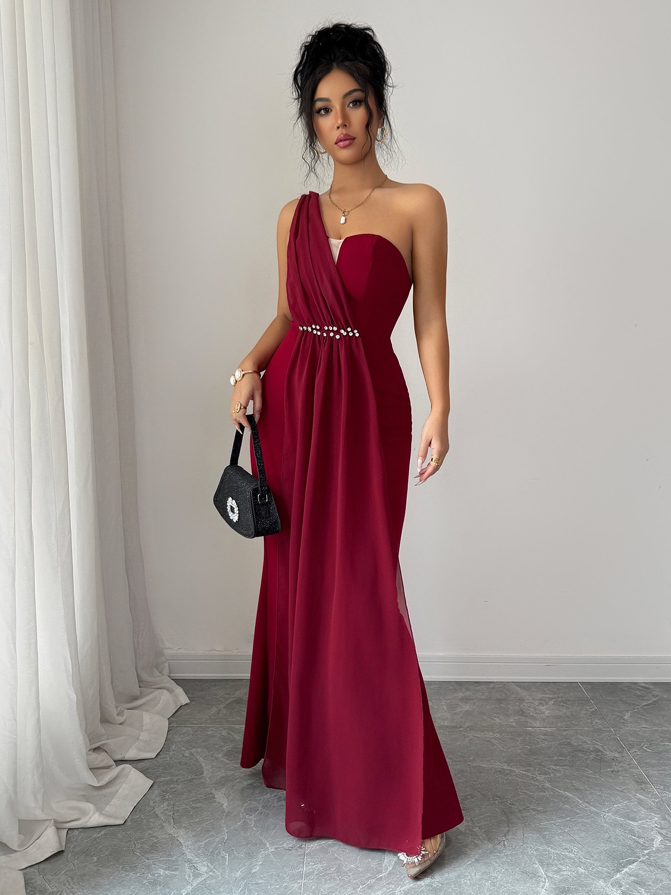 Burgundy Sleeveless Mermaid Maxi Dress with Rhinestone Detail