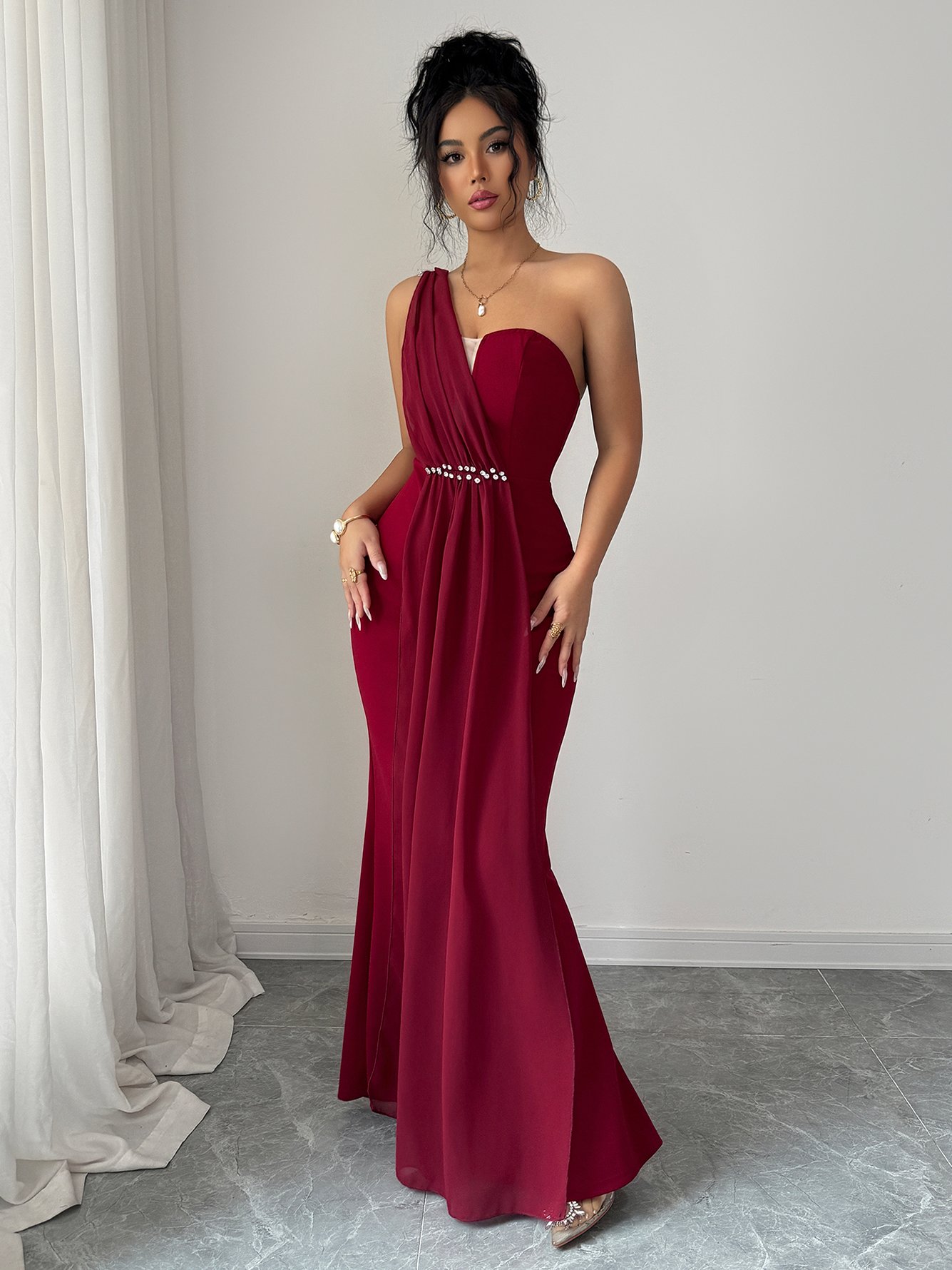 Burgundy Sleeveless Mermaid Maxi Dress with Rhinestone Detail