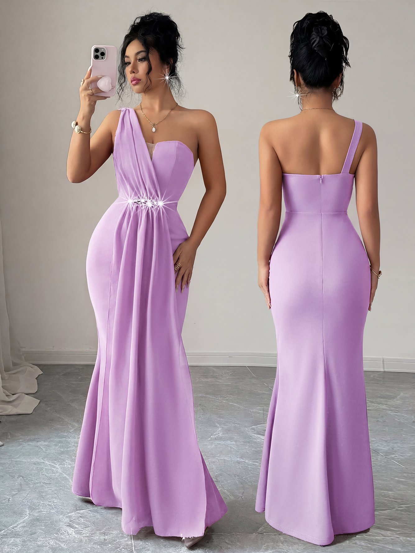 Purple Sleeveless Mermaid Maxi Dress with Draped Bodice and Embellished Waist