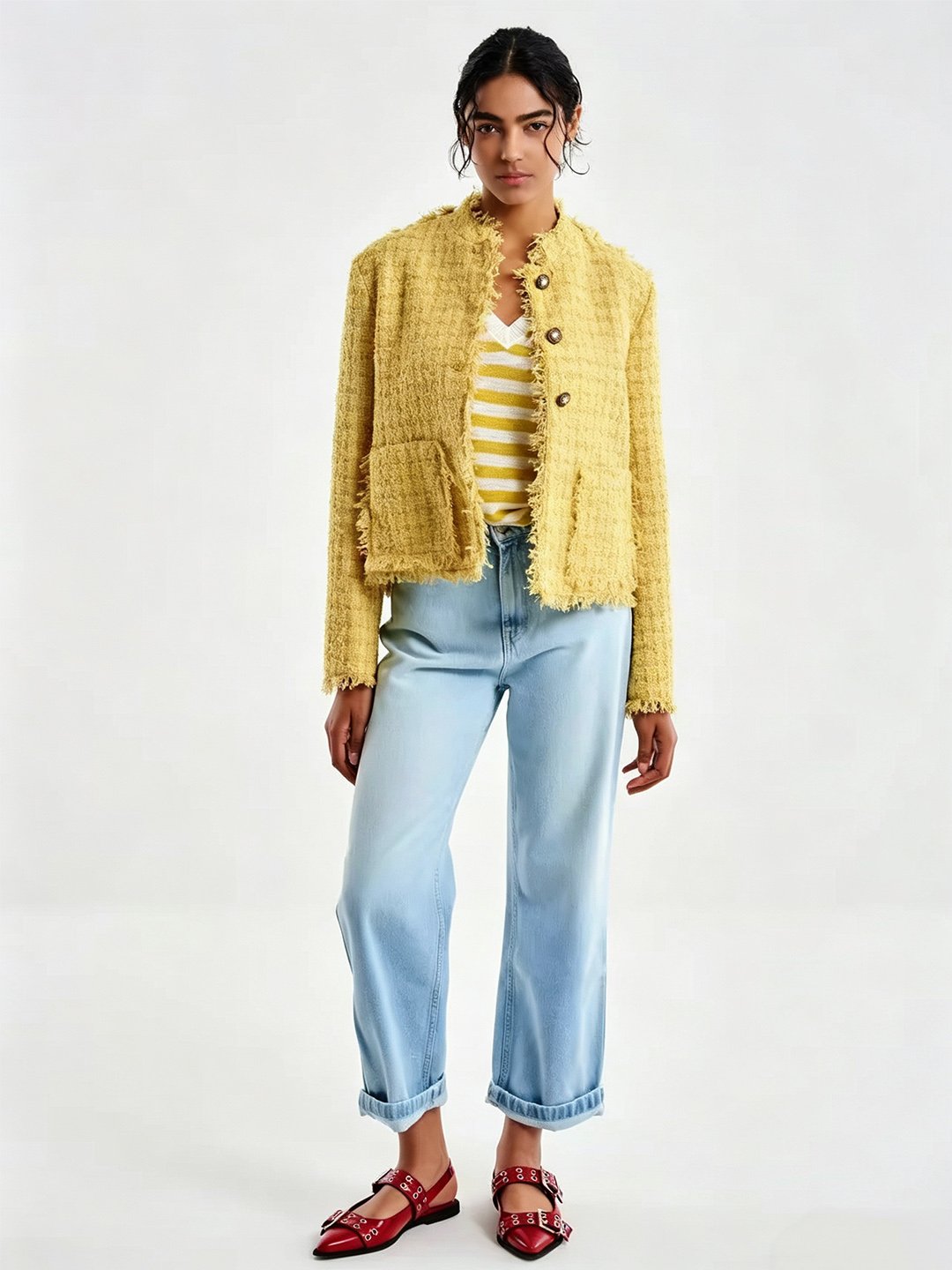 Yellow Checked Regular Tweed Jacket