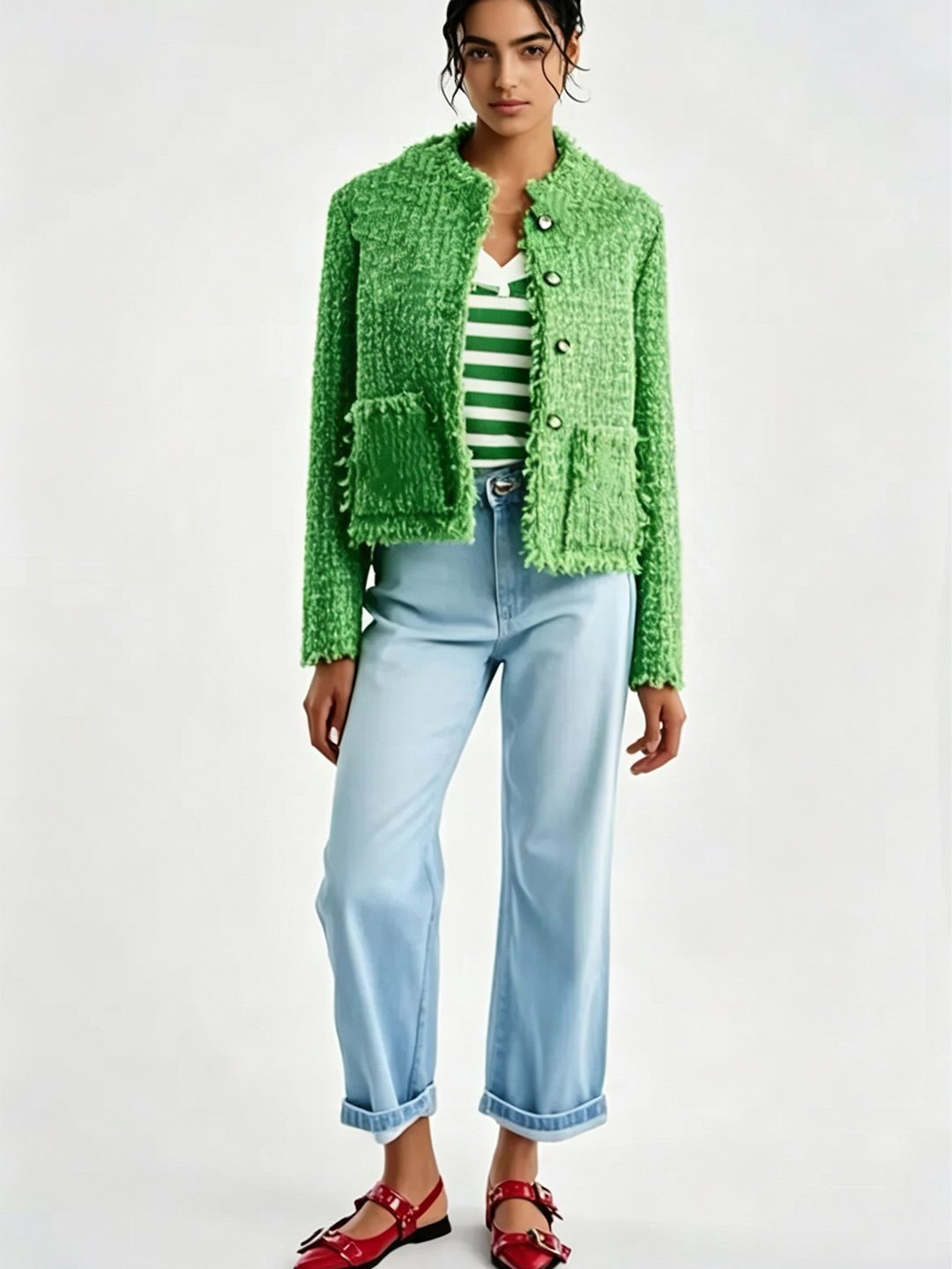 Green Texture Regular Tweed Jacket