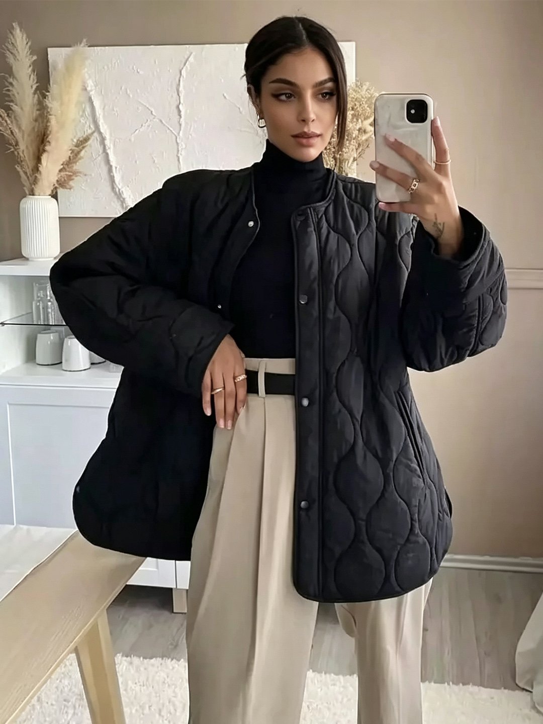 Black Solid Regular Padded Coat