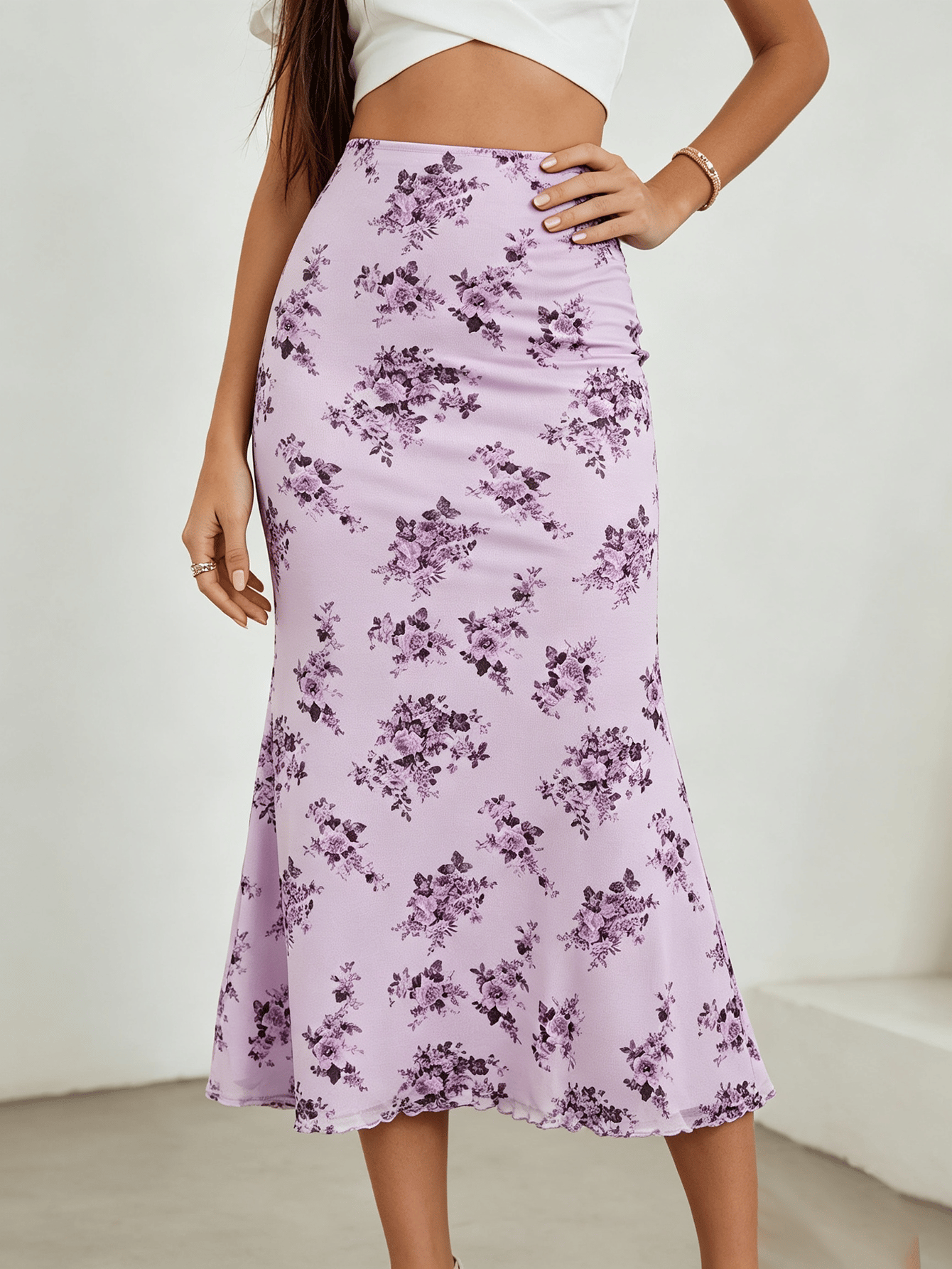 Purple Printed Bodycon Midi Skirt