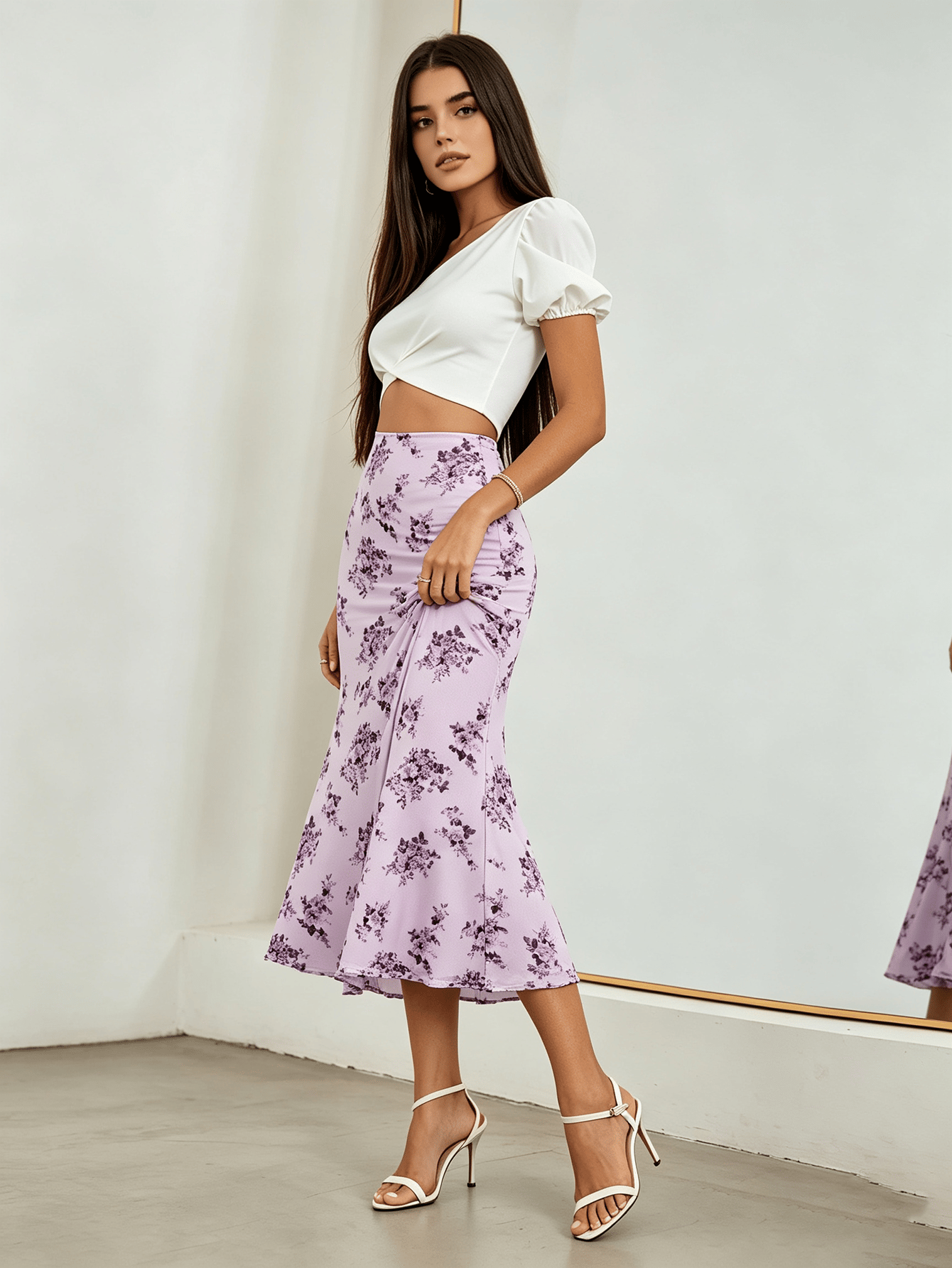 Purple Printed Bodycon Midi Skirt