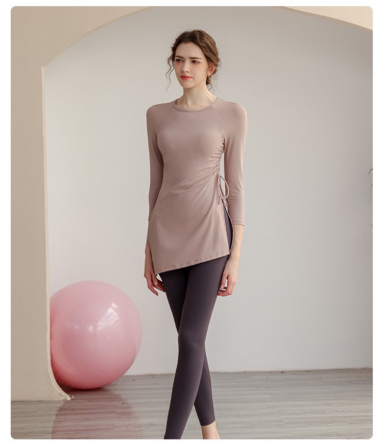 Brown Solid Long Sleeve Activewear Tunic Top with Side Drawstring
